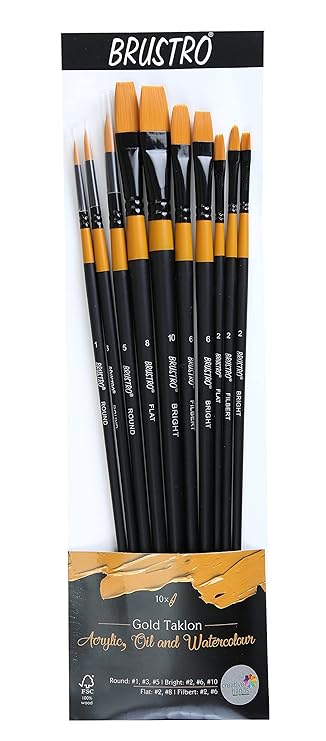 Brustro Artists Gold Taklon Set of 10 Brushes for Acrylics, Oil and Watercolour.