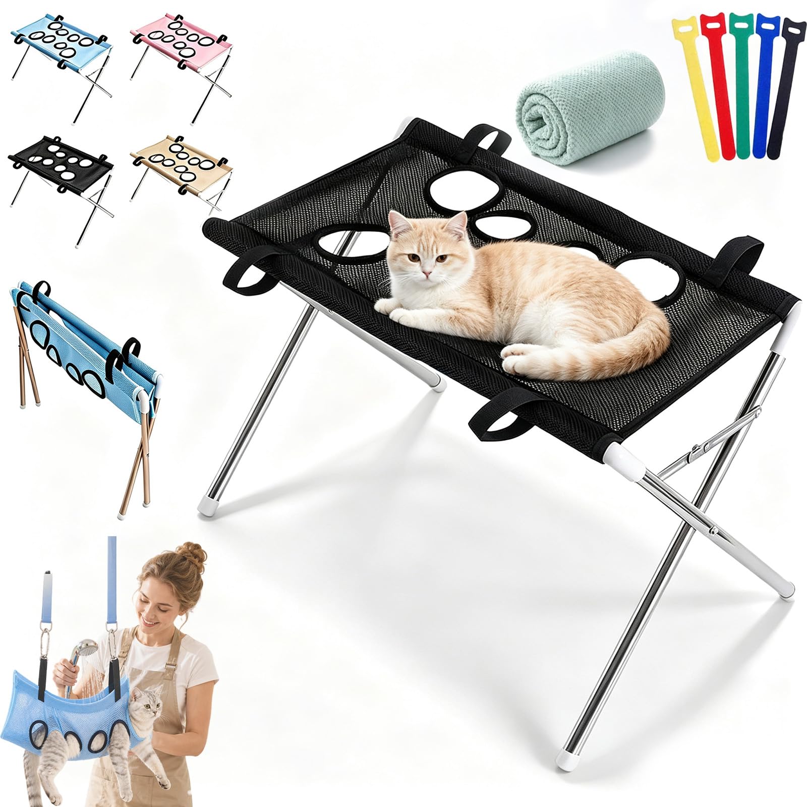 Gienslru Pet Grooming Stand with Removable Mesh Hammock for Cats & Small Dogs (Black)