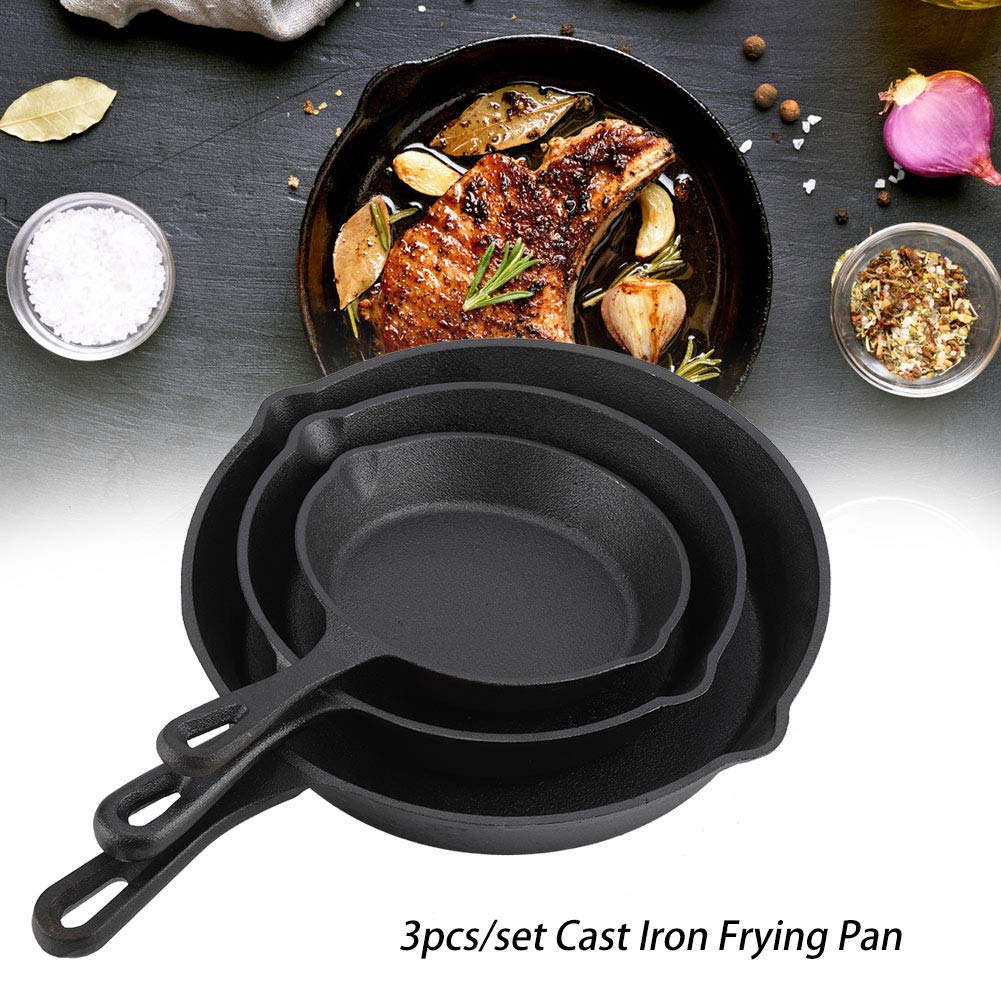 Juego de 3 Sartenes de Hierro Fundido, 16 cm, 20 cm, 25 cm, Sartén Multiusos para Chef, Sartén para Freír, Sofreír, Freír