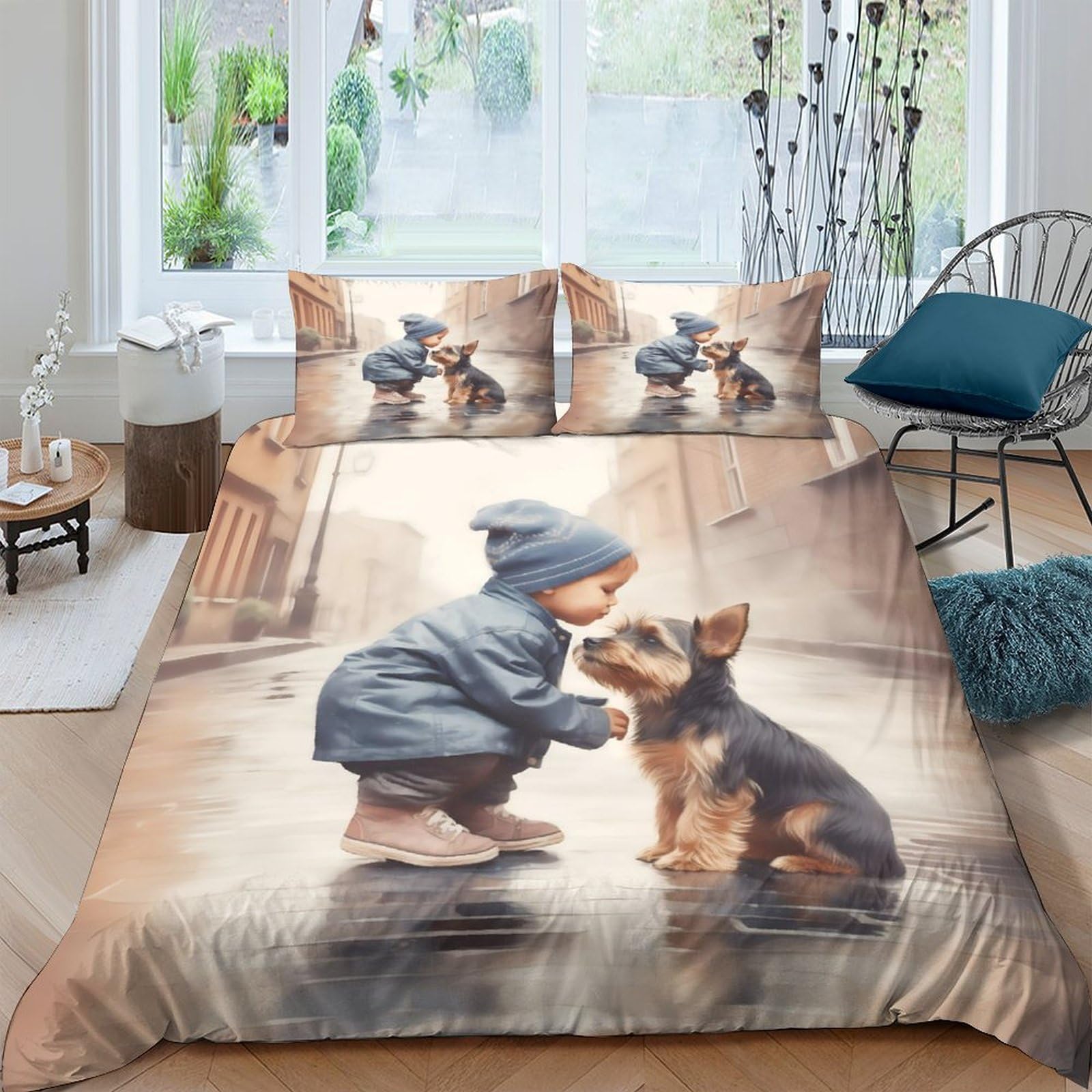 GPLZQXKJNH 3D Printed Child Dog Scene Duvet Cover Microfiber Soft Breathable Urban Street Bedding Set with 2 Pillowcases for Bedroom Decor Single（135x200cm）