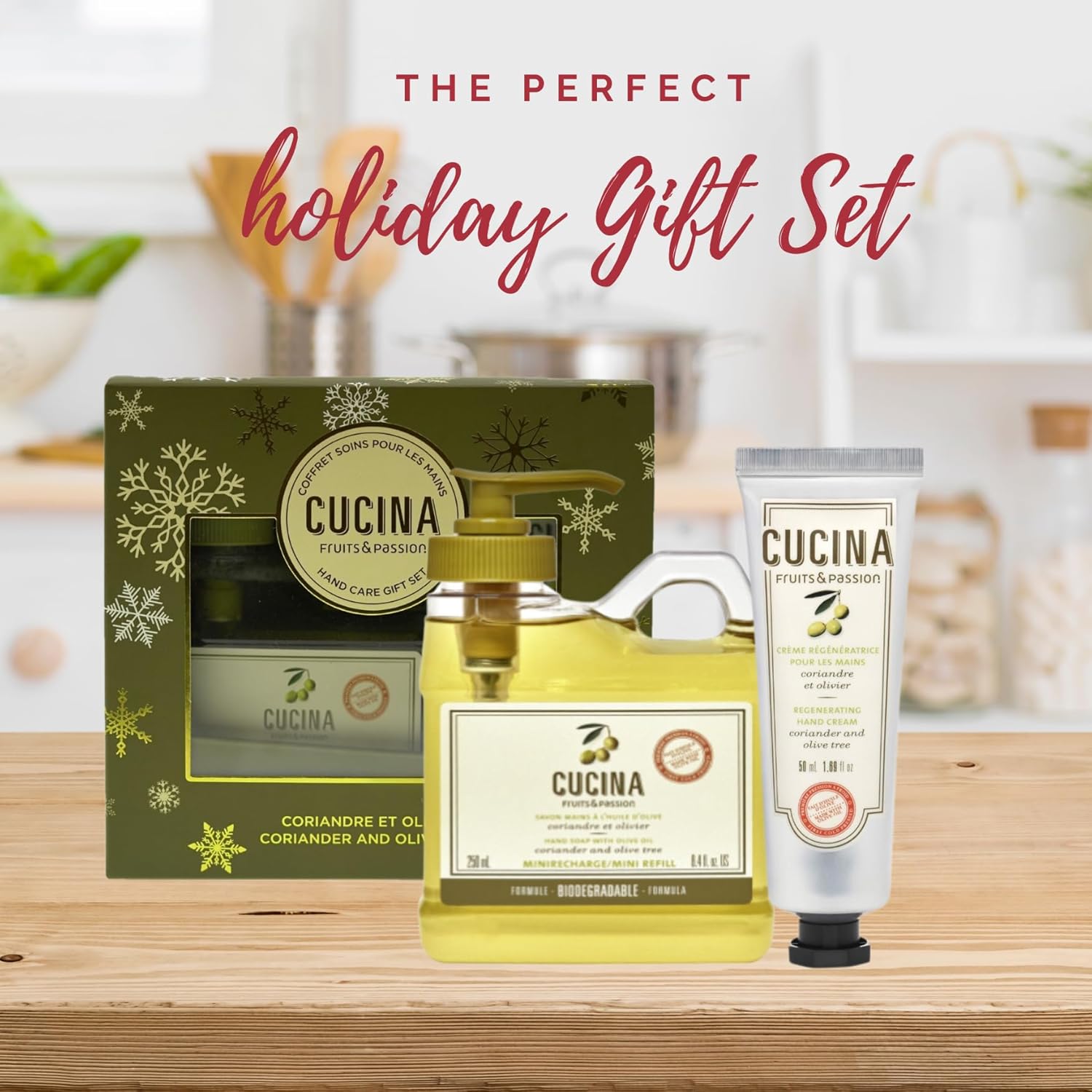 Fruit & Passion Cucina Coriander & Olive Mini Hand Soap Refill (250ml) and Nourishing Hand Cream (50ml) Holiday Gift Set Bundle