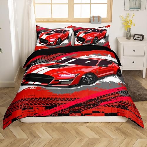 Vista 38 de Erosebridal Funda de edredón roja de coche de carreras para niños y adolescentes, juego de ropa de cama de coche de carreras tamaño Queen, funda