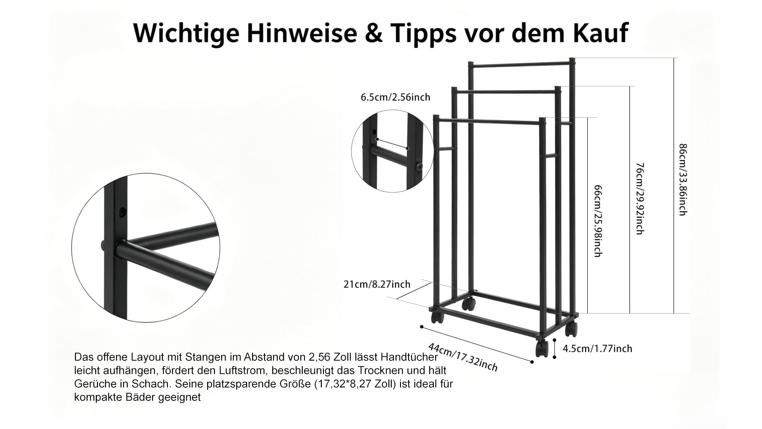Handtuchhalter Stehend,Metall Handtuchständer mit 4 Rollen 2 Bremsen 3 Stangen,Freistehend Badetuchhalter Höhenverstellbar Schwarz Bad Wäscheständer