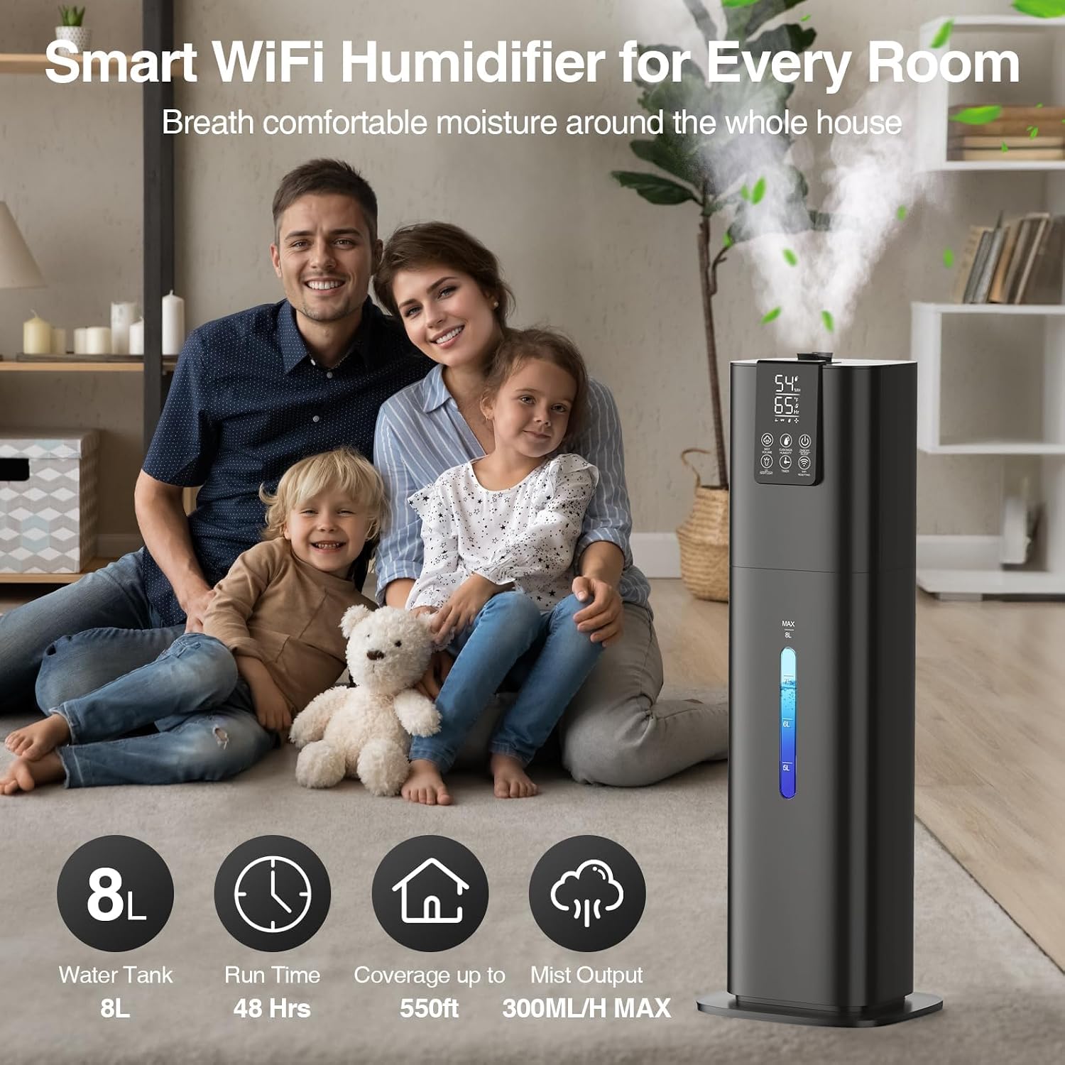 Honovos Smart Humidifiers Large Room Bedroom Home, 2.11Gal(8L) Quiet Top Fill Cool Mist Humidifier, Smart App & Remote Control, 3 Speed Humidifier with 360° Nozzle, Humidity Setting for Baby Office 3