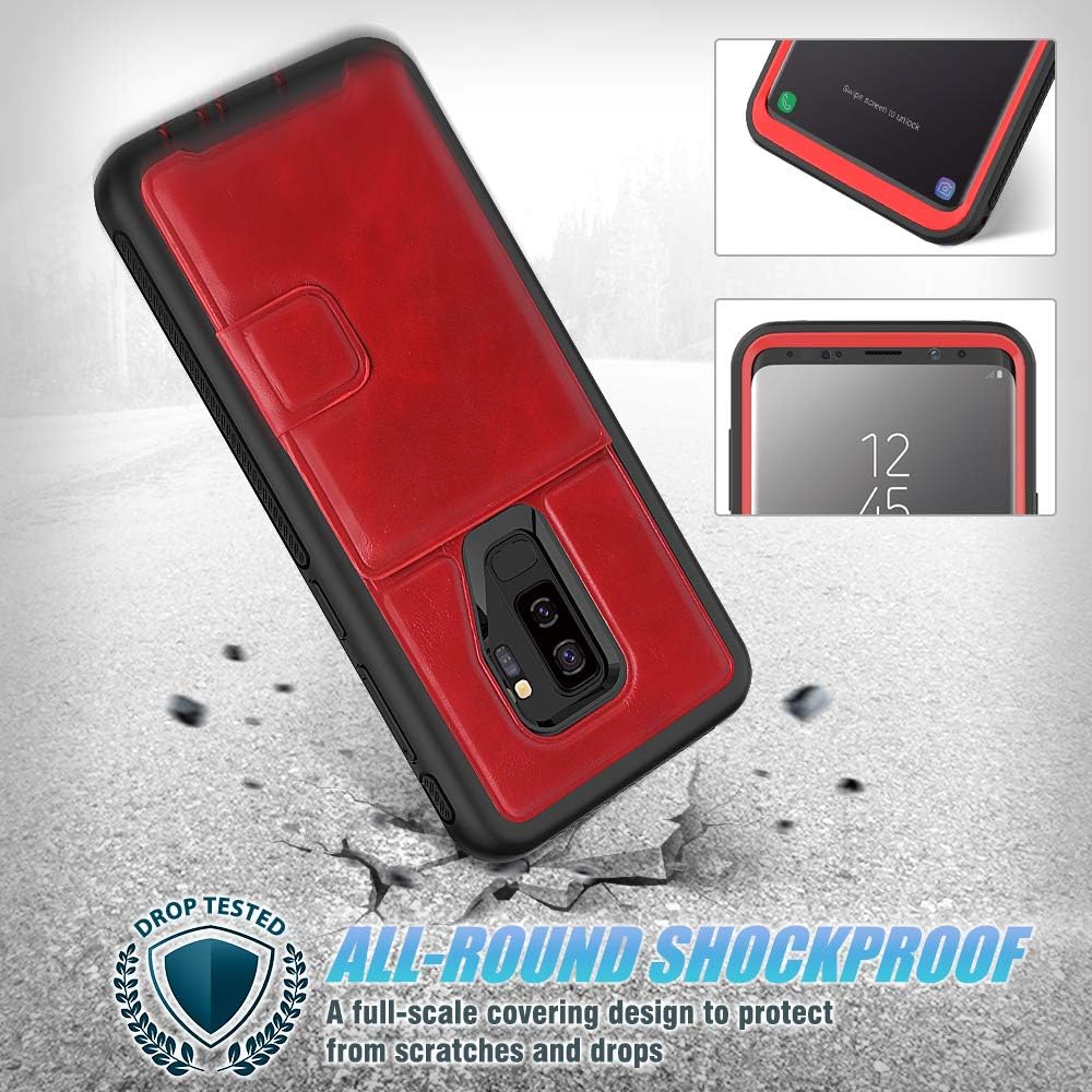 Galaxy S9+ Plus Case with Kickstand,SXTech (Leather Cover Series) Slim Yet Protective with Card Holders.Built-in Magnetic Backing Wallet Case Fit for Galaxy S9 Plus 6.2 inch (2018) -Red