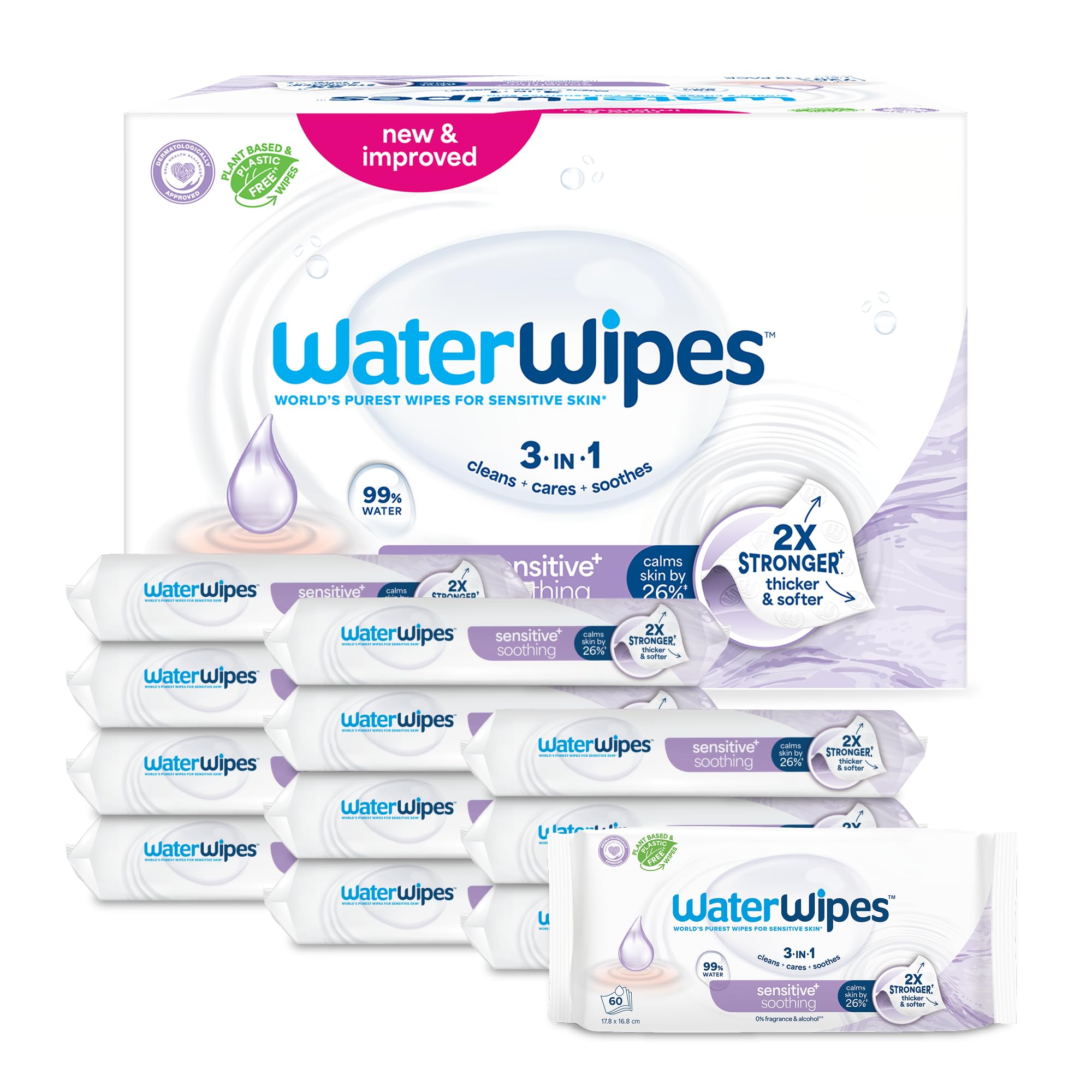 WaterWipes Sensitive+ Soothing Clean Wipes, Beruhigende Tücher, 720 Stück (12 Packungen), 3-in-1-Reinigung, Pflege, Beruhigung, 99% Wasser mit Pflanzenextrakt, parfümfreie Babyfeuchttücher