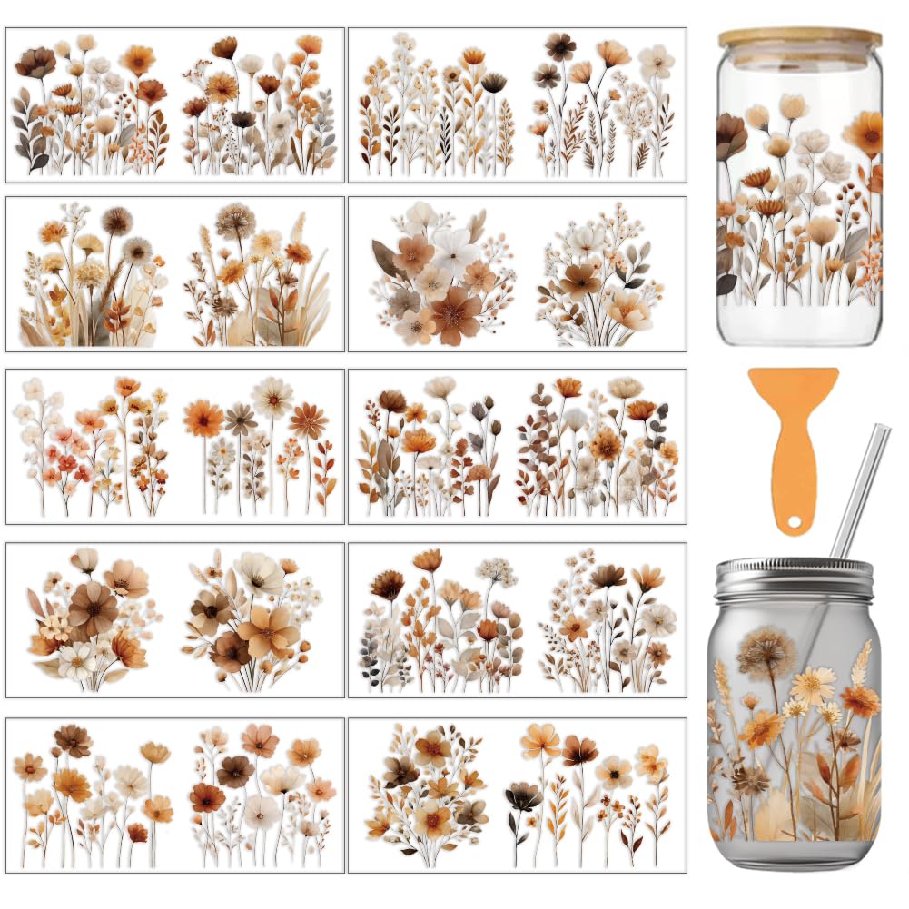 arricraft 10 Sheets Bohemian Wildflowers UV DTF Cup Wrap for 16OZ Glass, Floral Plants Beautiful Flowers Rub on Decals PVC Transfer Stickers for DIY Cups Wood Funiture 24x11cm/9.4x4.3inch
