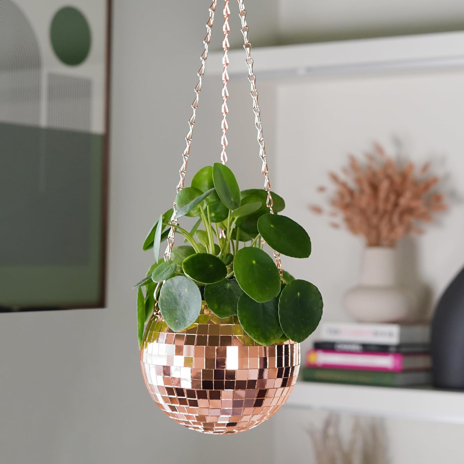 Bubblegum Stuff - Rose Gold Disco Ball Hanging Planter - Hanging Basket for Indoor Plants, Rose Gold Chain, Rose Gold Rim, Herb Planter, Hanging Plant - Hanging Plant Pots - Room Decor 6 inch