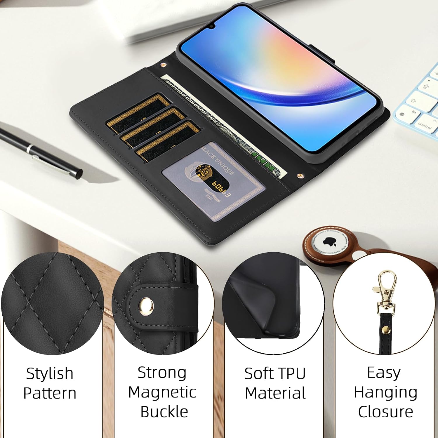 Wallet Case for Samsung Galaxy A56 5G with Tempered Glass Screen Protector & Detachable Wrist Strap Luxury PU Leather Card Slots Shockproof Folio Phone Cover for A 56 56A LTE Women Men Black image 3
