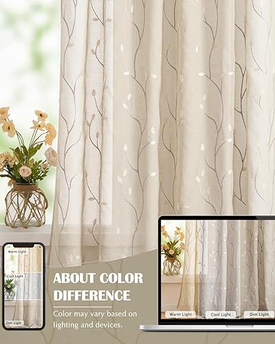 Miniatura 7 de jinchan Cortinas traslúcidas para dormitorio de 63 pulgadas de largo, semitraslúcidas bordadas con hojas para sala de estar, bordado botánico, gasa