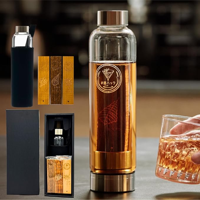 熟成キット ウイスキー 熟成 600ml 熟成スティック ボトル付き ガラス瓶 酒ハック 北海道産 セット タル バー ミズナラ 熟成樽 香り付け ギフト プレゼント バレンタイン (熟成キット(プレート3本), 箱入りセット)