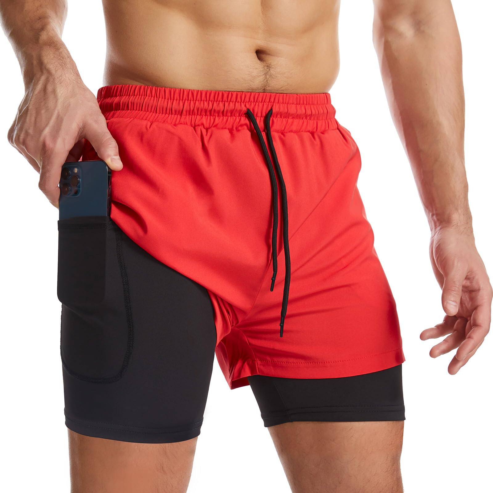 Surenow Mens 2 in 1 Running Shorts Quick Dry Athletic Shorts with Liner, Workout Shorts with Zip Pockets and Towel Loop