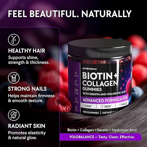 Miniatura 9 de Gomitas de biotina de 10000 mcg para apoyar el crecimiento del cabello, multicolágeno sin azúcar con queratina, sílice y ácido hialurónico, a base