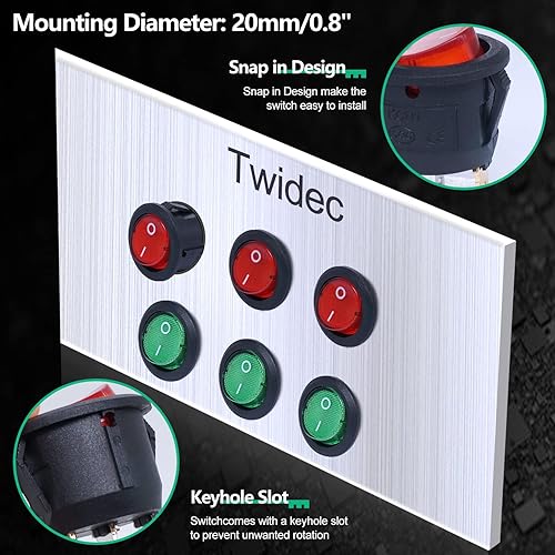 Miniatura 5 de Twidec 6 unids interruptor basculante redondo AC 6A 125V 10A 250V SPST 3 pines 2 posiciones ONOFF luz LED roja y verde iluminada redonda barco
