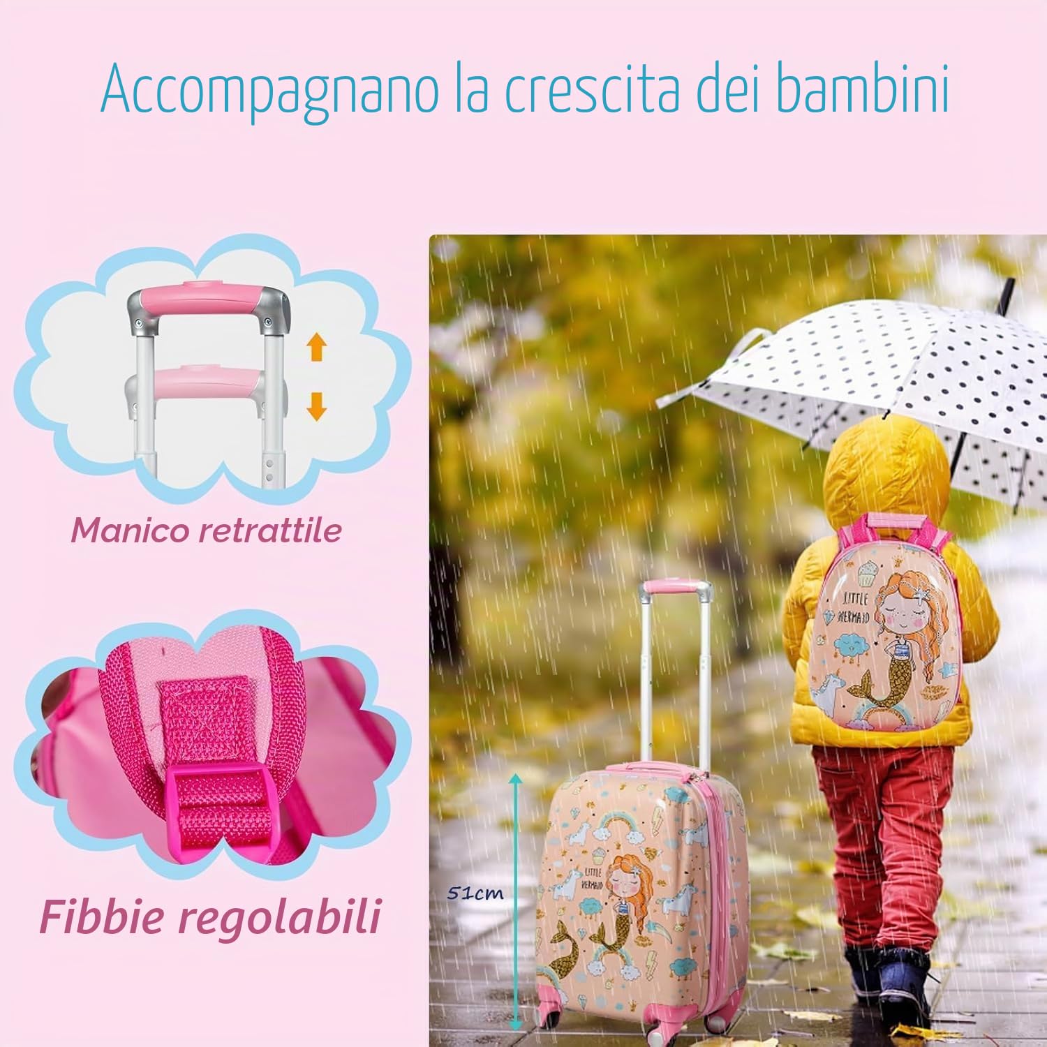 SOARS Set di Valigia 18’’ + Zaino 12’’ per Bambini 2 Pezzi, Bagagli 2-in-1 con Zainetto da Viaggio Aereo, Trolley con Maniglia Telescopica e 4 Ruote a 360° (Rosa Sirena)
