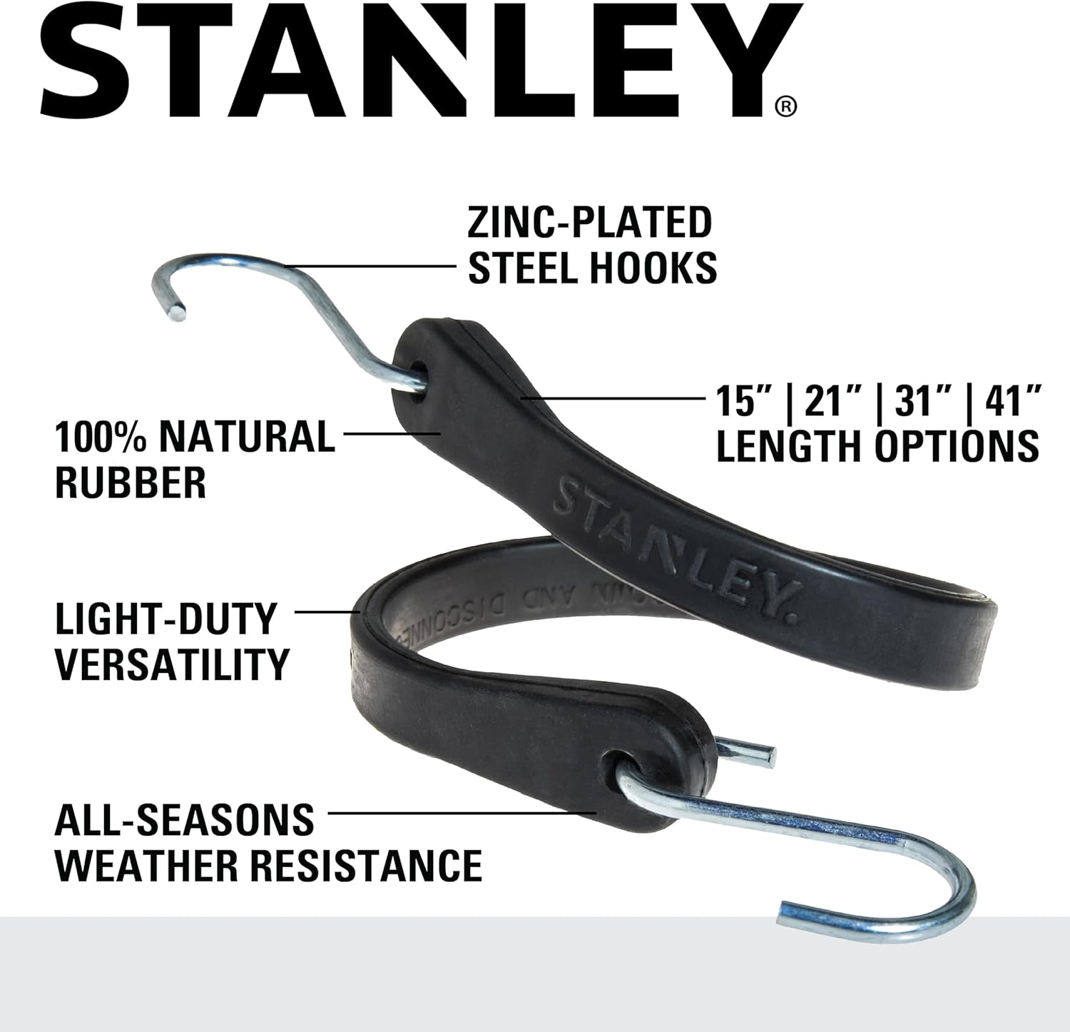 STANLEY S300415-40 Black 15" All-Weather Rubber Bungee Cords with S-Hooks for Securing Tarps, Flatbed Hauler and Boat Covers, Storage, and Cargo, 40 Pack
