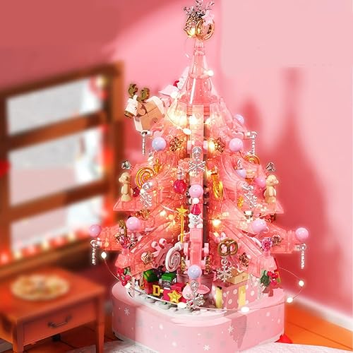 Miniatura 5 de Juego de bloques de construcción de árbol de Navidad de cristal rosa, 675 piezas, caja de música de Navidad, kit de modelo, juguete de construcción