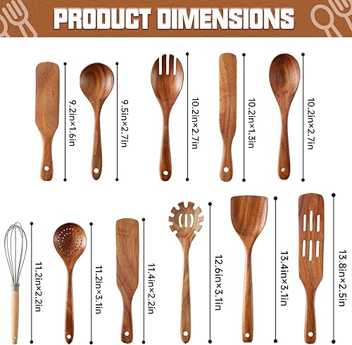 Miniatura 2 de Juego de 11 cucharas de madera para cocinar juego de utensilios de cocina de madera espátula de madera de teca natural tenedor de ensalada juego de