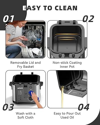 Miniatura 6 de minca Freidora eléctrica de 1500 W, cesta de inmersión de 2.5 litros con mango plegable aislado térmicamente, tapa extraíble con filtro de olor y