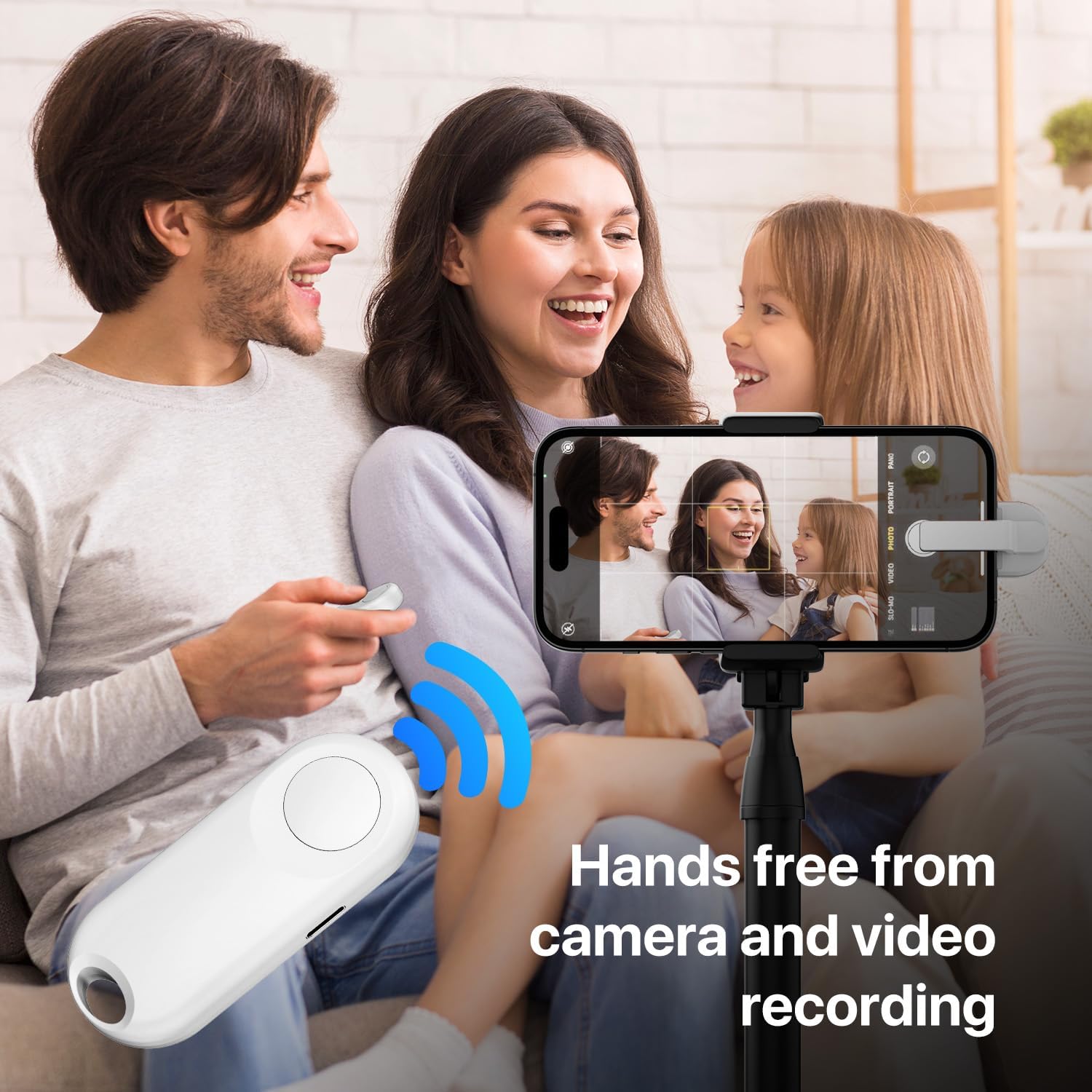 Image showing the remote control being used to trigger a smartphone camera for hands-free photo and video recording.