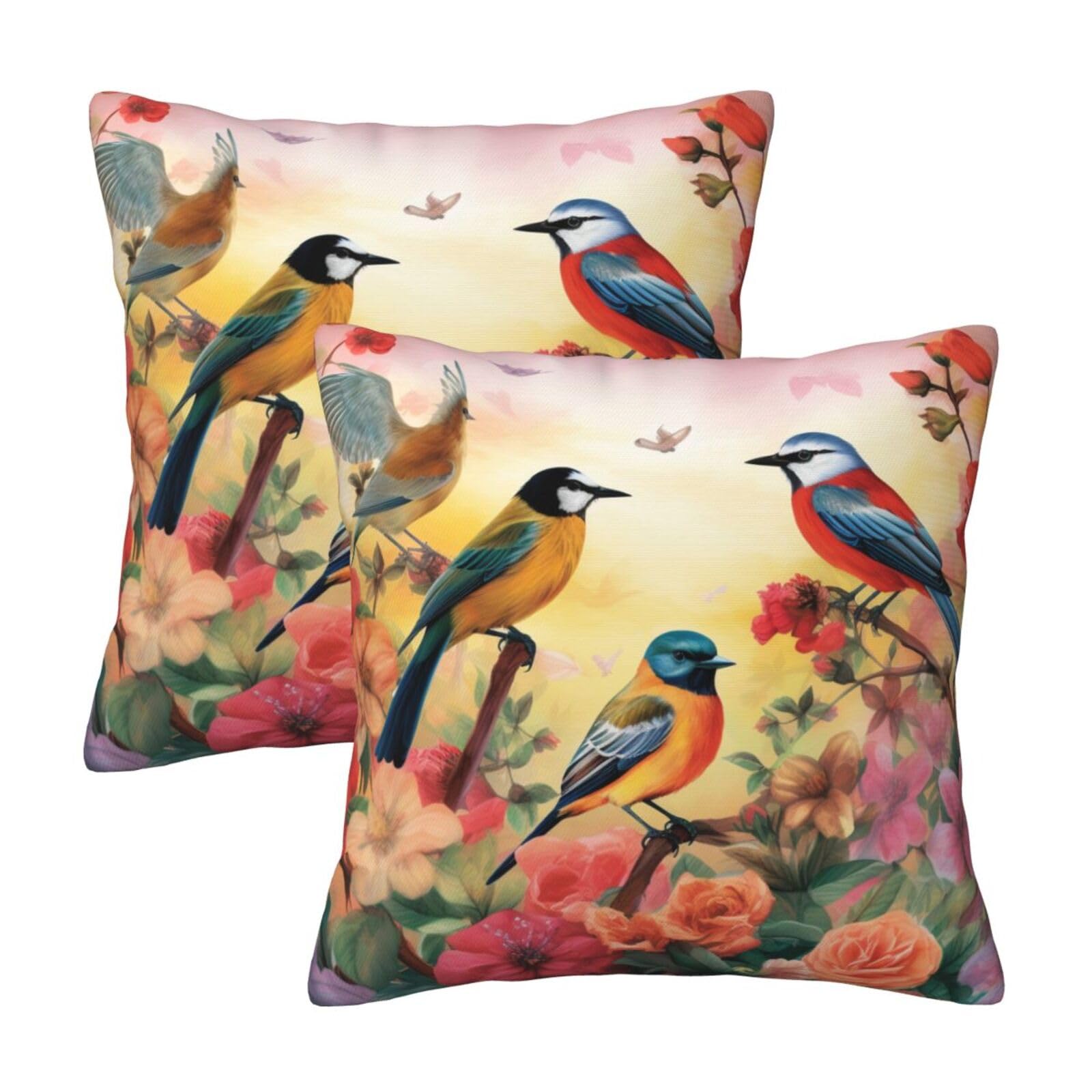 Birds and flower Throw Pillow Cases 2 Pack Square Pillowcases Soft Pillow Protectors for Couch Livingroom Sofa Bed Office Car,50x50 CM