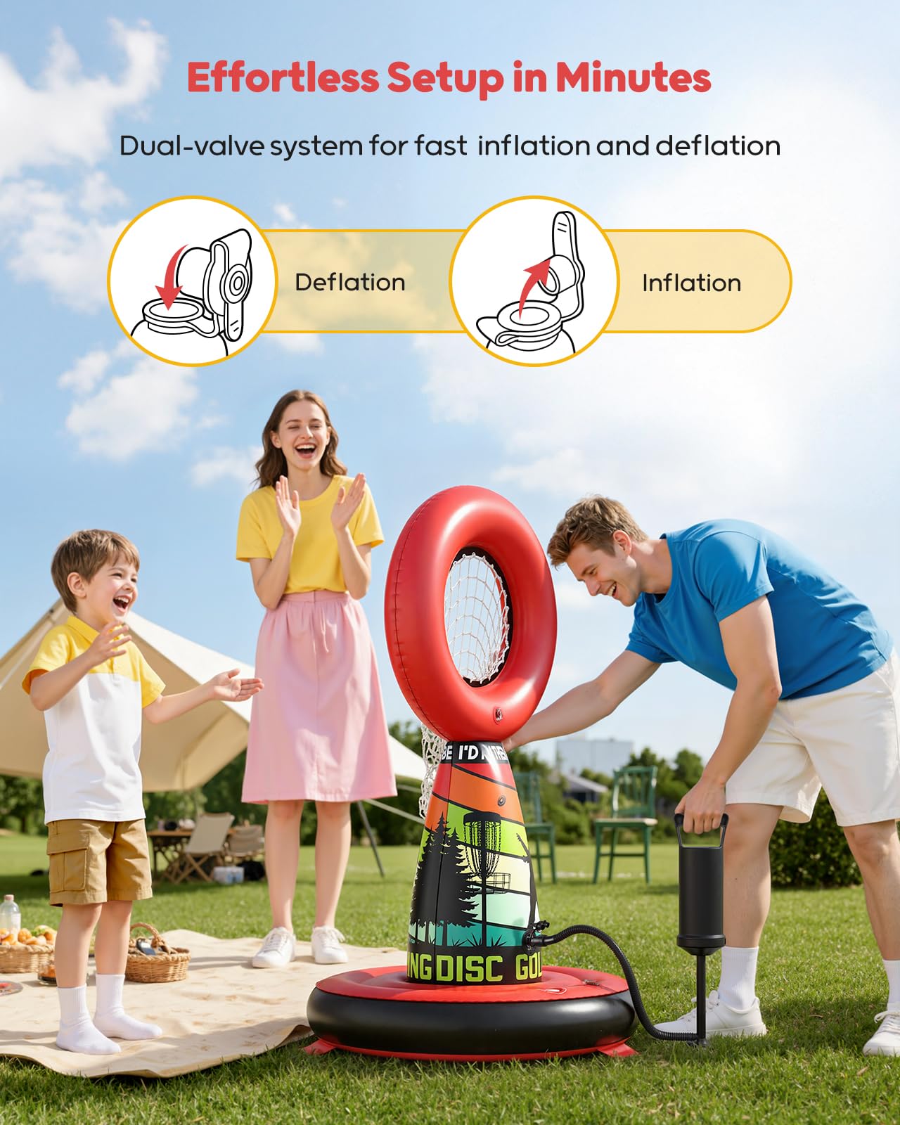 QPAU Set de Disc Golf Inflable para Niños y Diversión Familiar, Juego Completo de Exterior con Cesta Objetivo, 4 Discos Voladores y Bomba, Juegos de Jardín para Niños-Regalos Ideales para Adolescentes