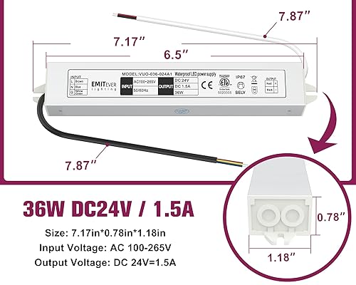 Miniatura 3 de EMITEVER Controlador LED de 24 voltios, 36 vatios, con certificación ETL, fuente de alimentación IP67, transformador de bajo voltaje, convertidor de