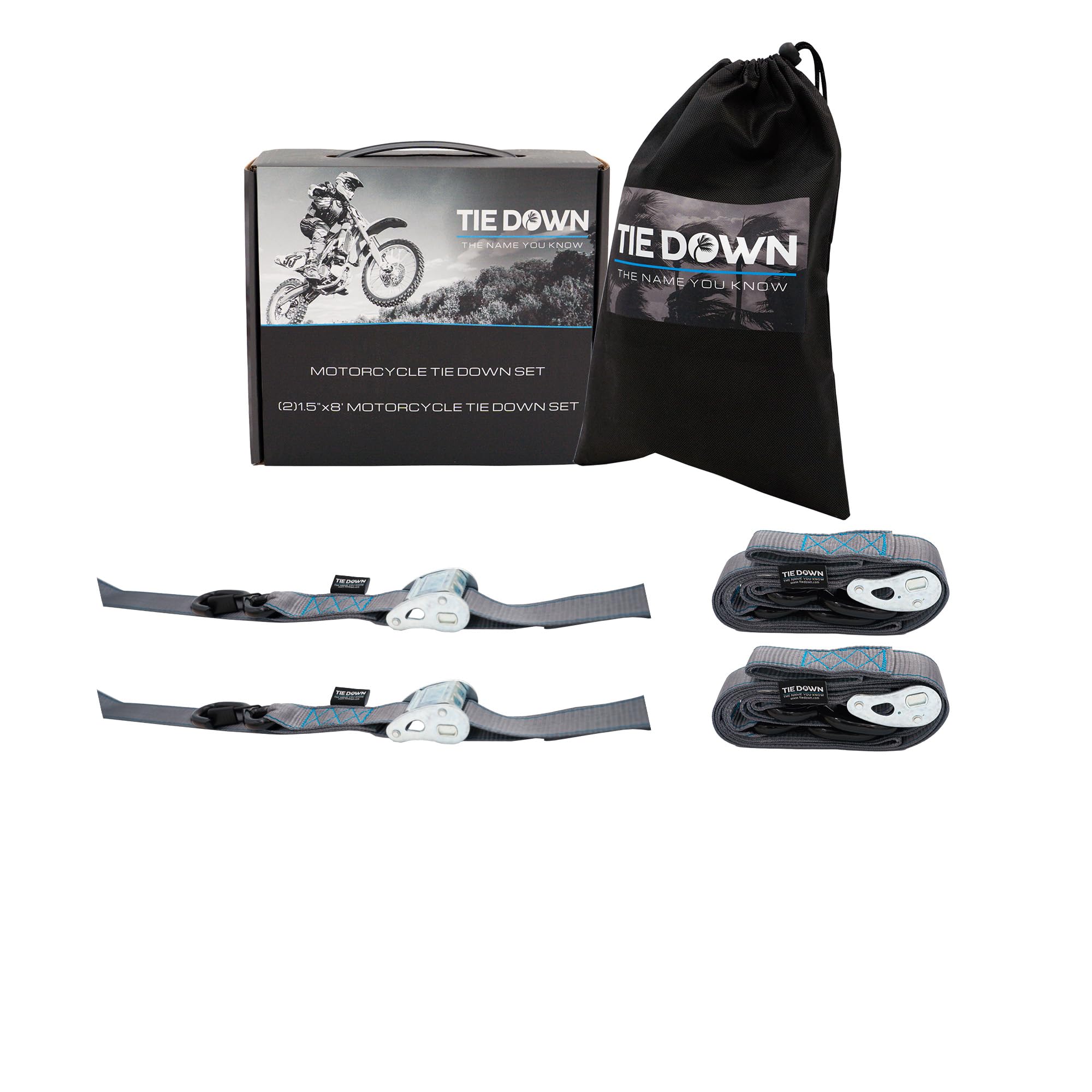 Tie Down 1.5 in. x 8 ft Grey Heavy Duty Motorcycle Strap, 2-Pack Kit - 3328 lbs. Breaking Load Limit