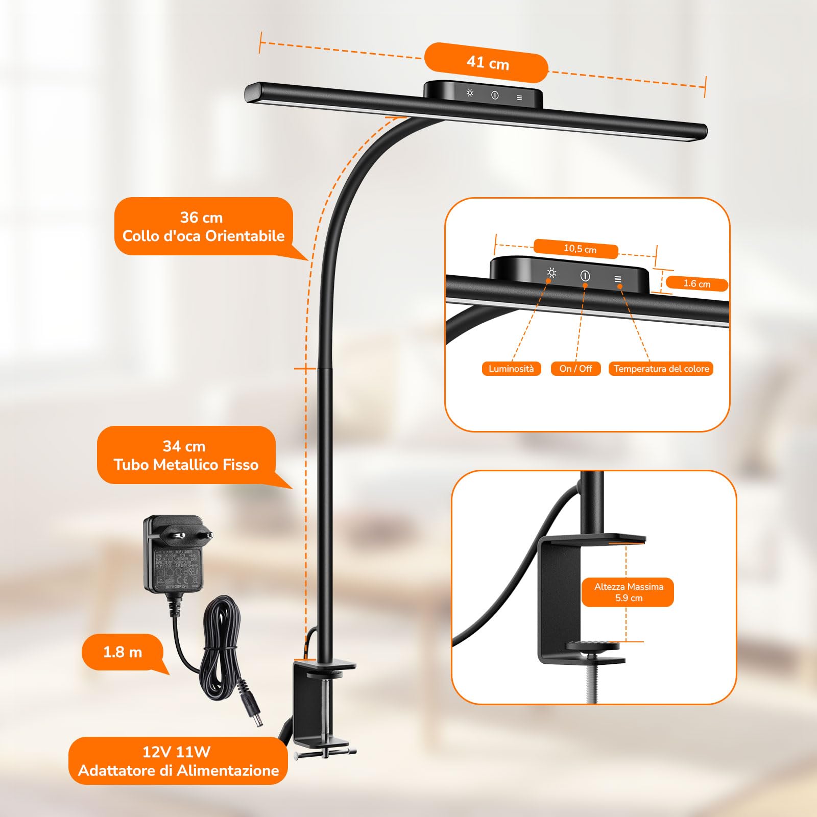 Lepro Lampada da Scrivania LED Clip Touch 700LM,Nero | 25 modalità illuminazione, rotazione 360°, protezione occhi per lettura e ufficio