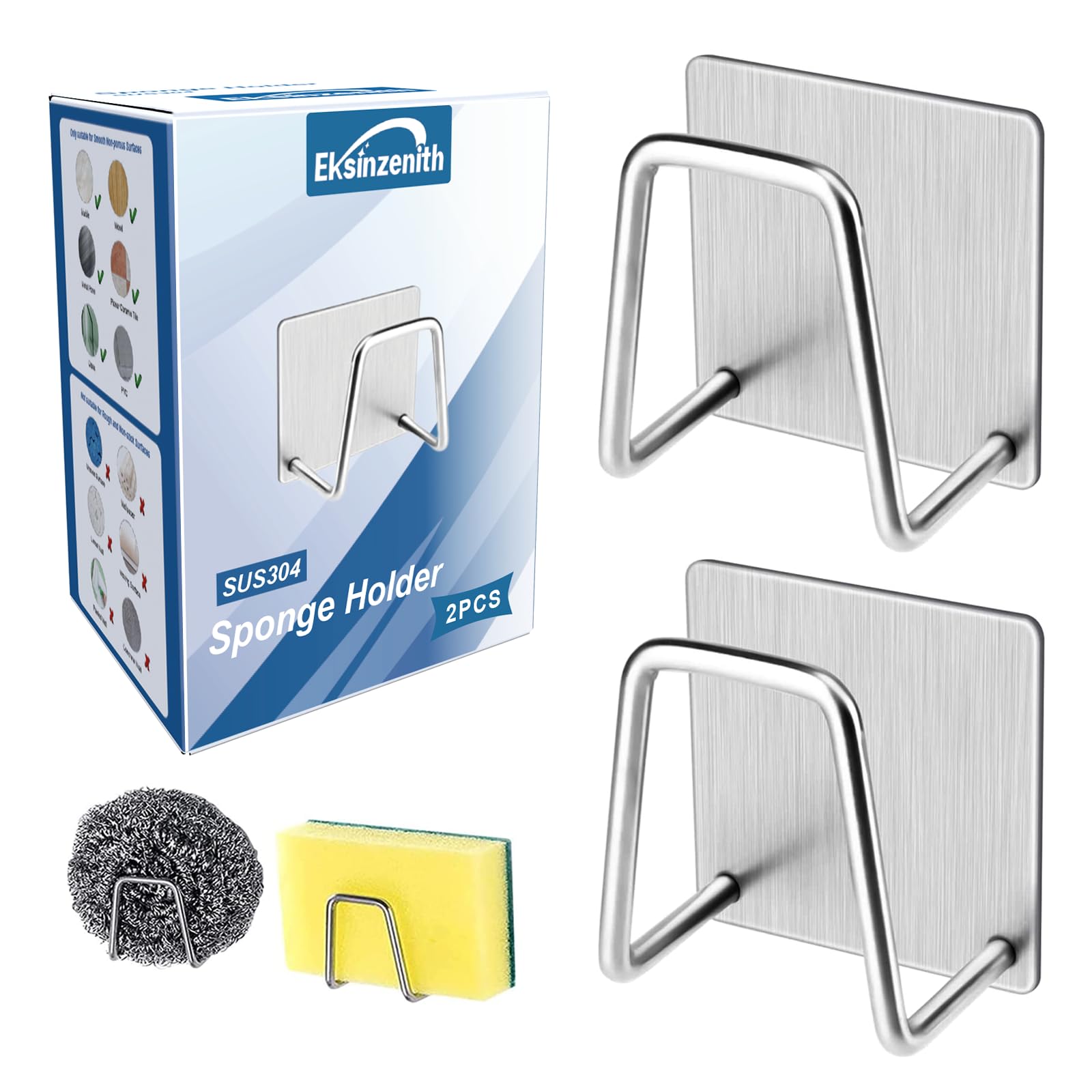 Eksinzenith 2Pcs Sponge Holder for Kitchen Sink，Strong Adhesive Small Sponge Holder，Sink Holder for Brush and Sponge，Premium Rustproof SUS304 Stainless Steel Rust Proof Waterproof (Silver) (B0C5SSCLPF) Amazon Price History, Amazon Price Tracker