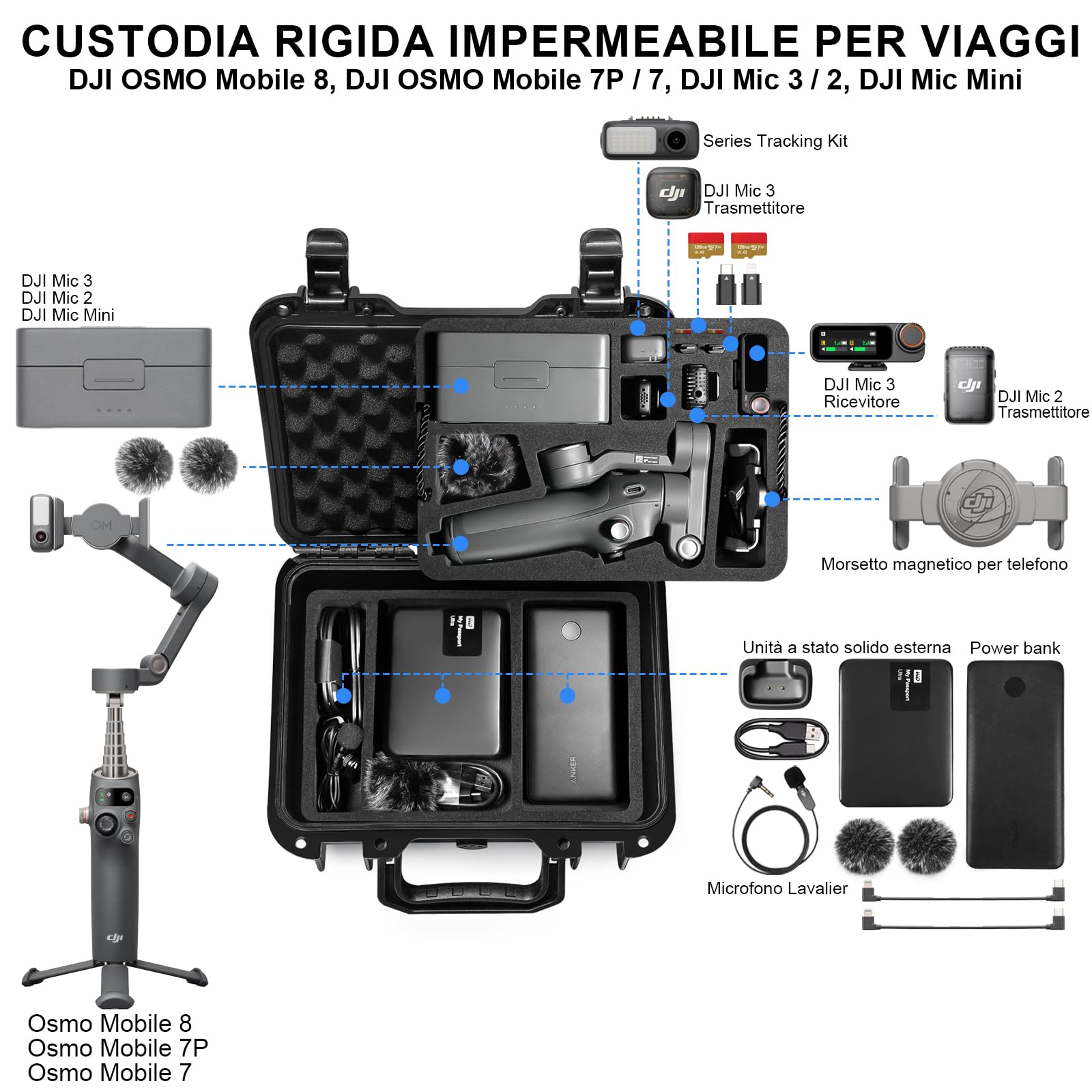 LEKUFEE Valigia Rigida Impermeabile e Portatile per DJI Osmo Mobile 8,Osmo Mobile 7P/7,Stabilizzatore Gimbal,DJI Mic 3/2/Mic Mini e Altri Accessori (Solo Custodia)