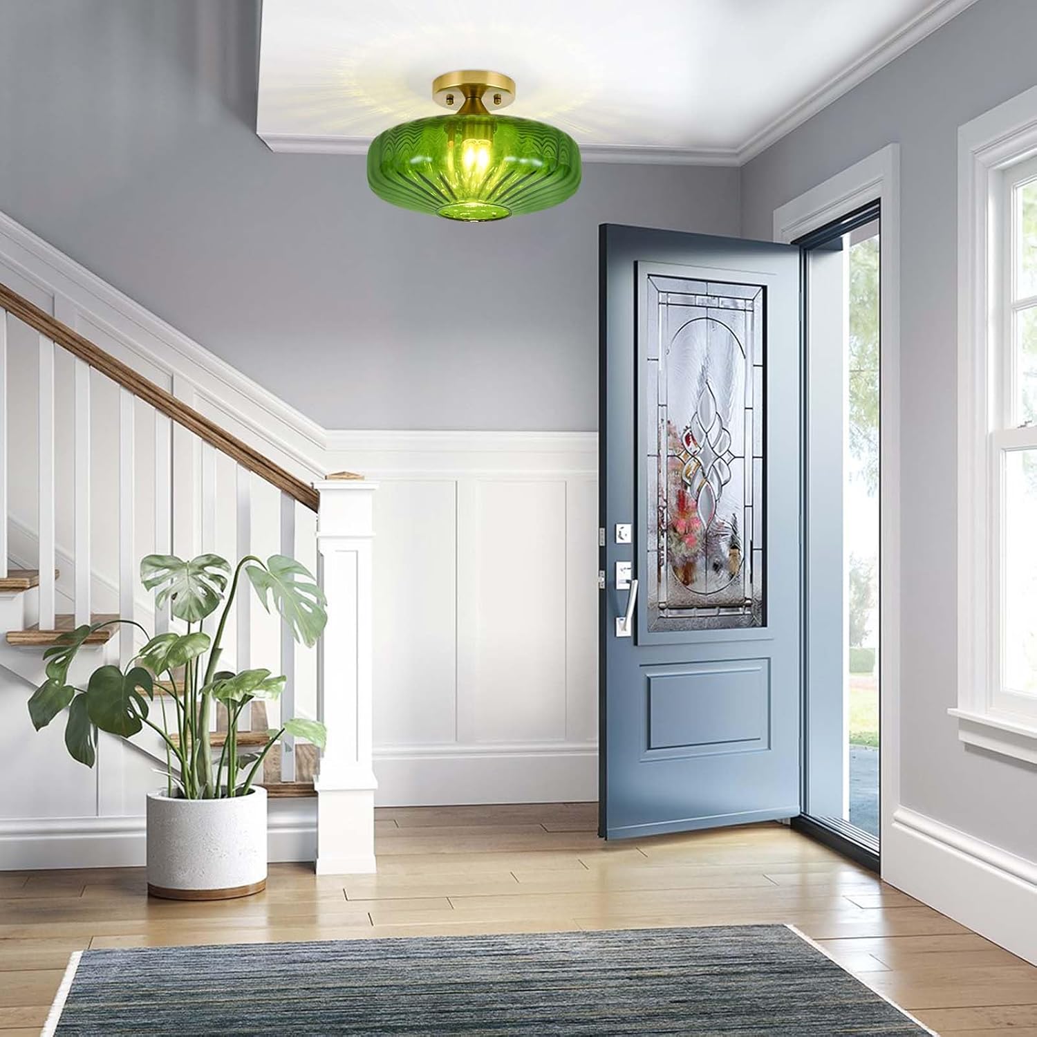 Semi Flush Mount Ceiling Light,Green Glass Vintage Ceiling Light Gold Base 12Inch E26 Base, Hallway Vintage Lights for Living Room, Kitchen, Bathroom 1 Light(Bulb Not Included)