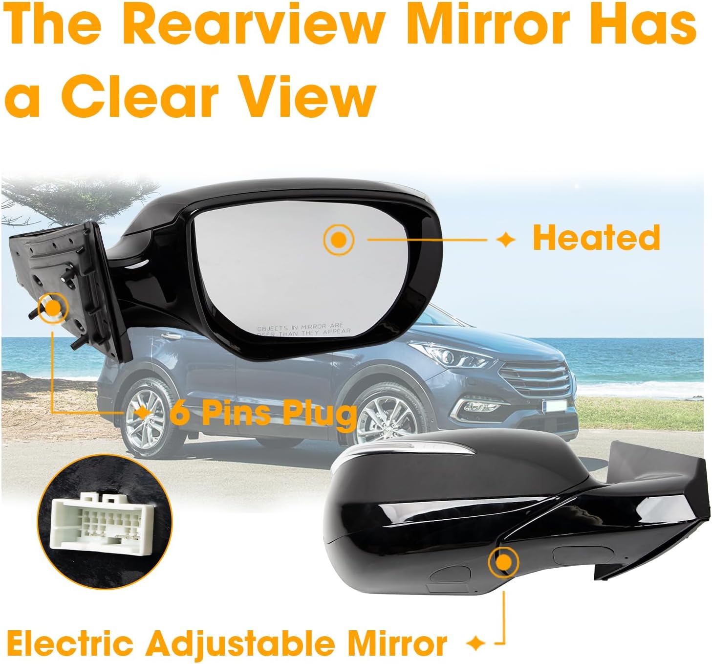 Passenger Side Heated Mirror Assembly Fit for Hyundai Santa Fe Sport 2013-2018 Replace 876204Z005 HY1321201, Right Exterior Rearview Mirror & Heated Power Glass Turn Signal Manual Folding, Black 6 Pin