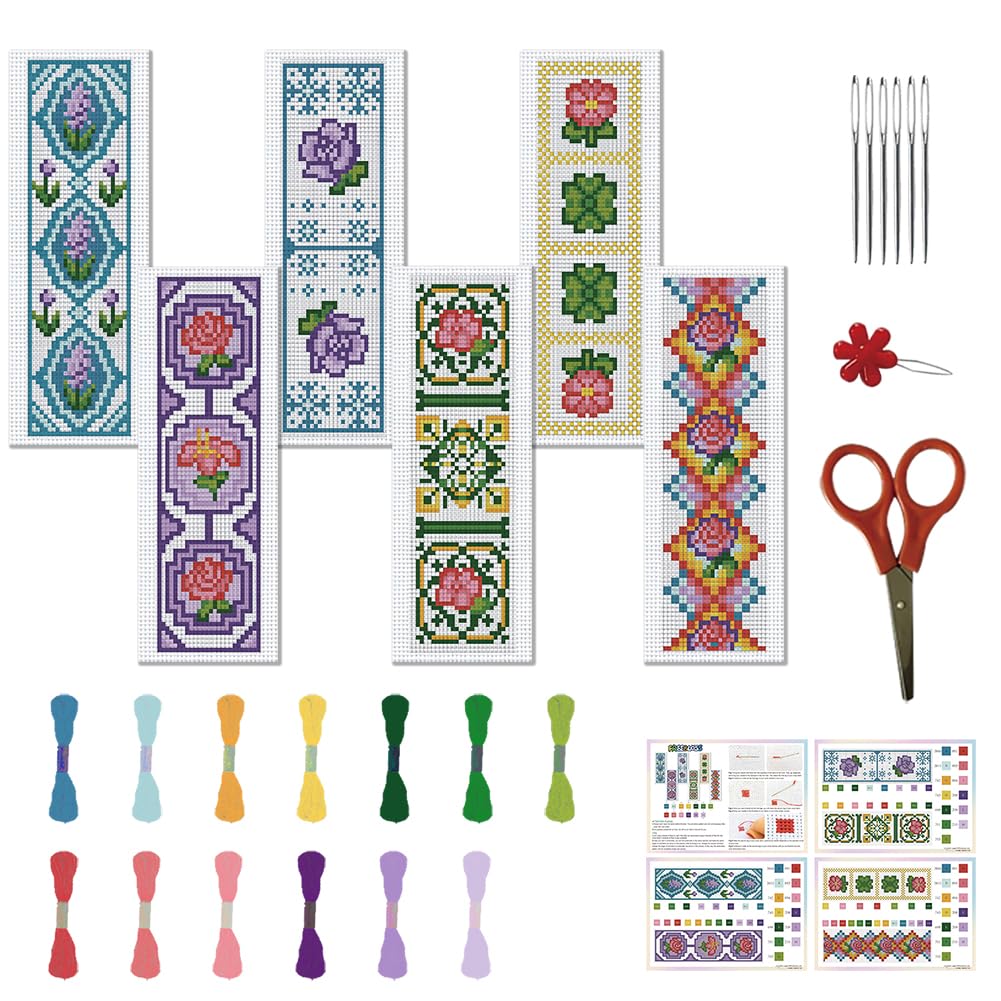 FREEBLOSS 22*8cm 6-Pack Cross Stitch Bookmark Kits - Plaid Flowers Patterns, DIY Embroidery Bookmarks for Beginners