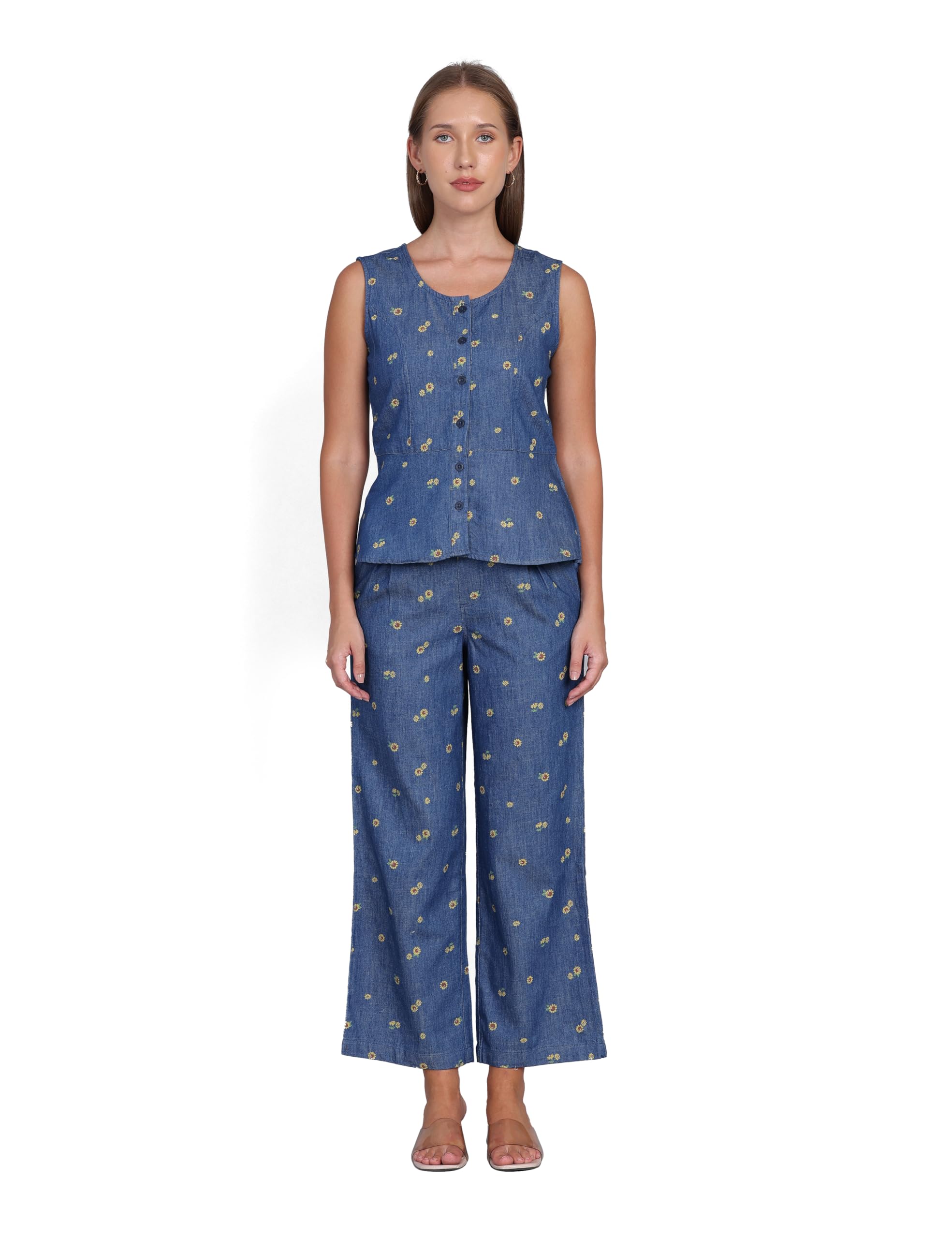 wearhouse Women's Denim Coord Set Blue 100% Cotton with U-Neck (IN, Alpha, 2XL)-picture-35
