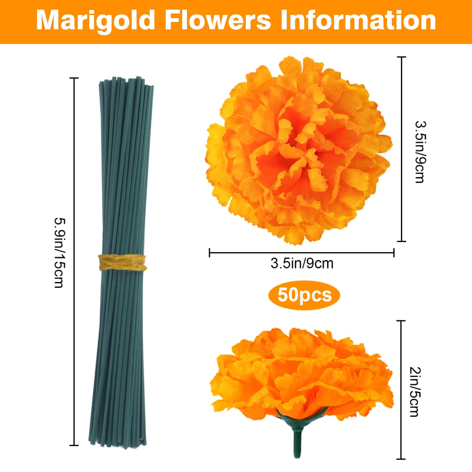 50 Pcs Artificial Marigold Flowers, 3.5'' Silk Marigold Flowers Head