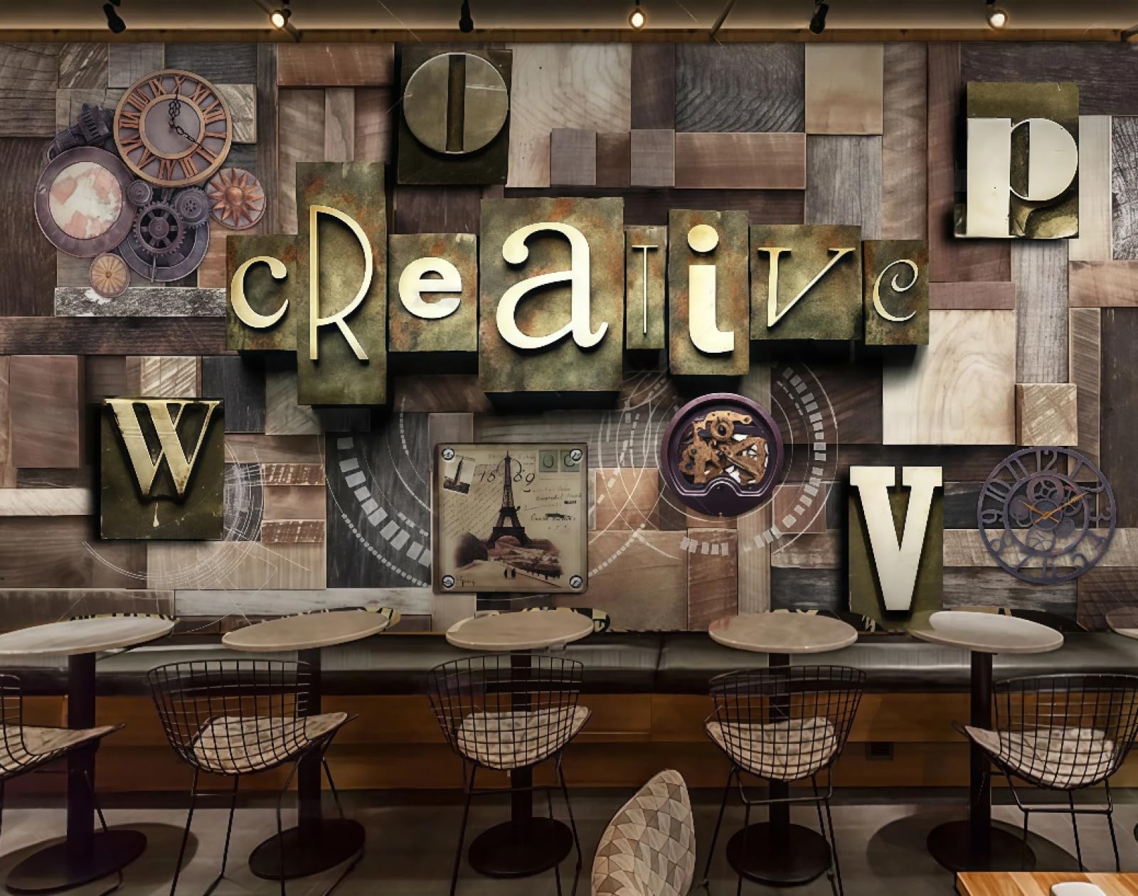 Tapeta retro drewniana deska trójwymiarowy metalowy zegar litery bar sklep z napojami zachodnia restauracja tło fototapeta popołudniowa herbata kawiarnia tapeta 3D, 250 x 175 cm
