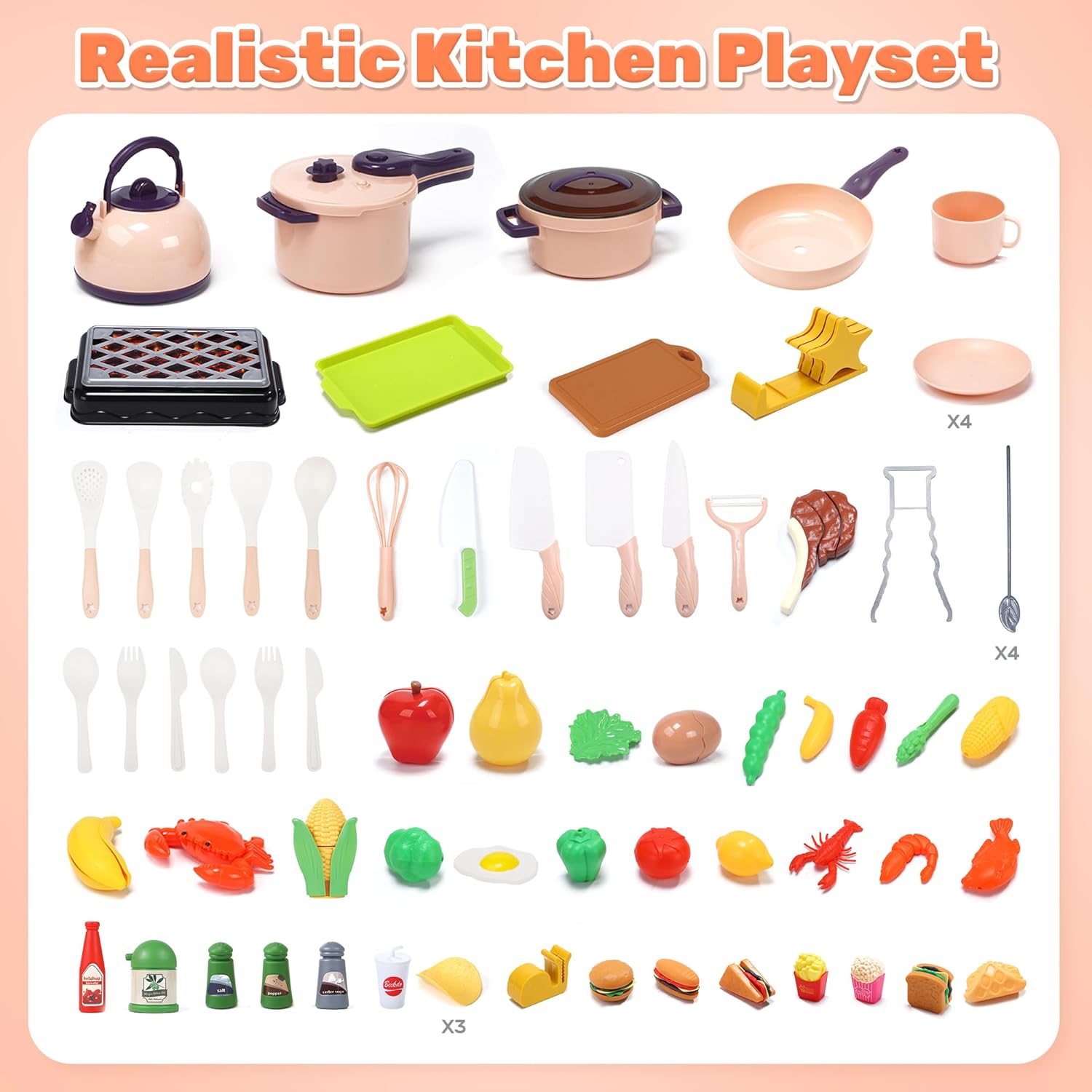 CUTE STONE Play Kitchen Accessories, Cooking Set for Kids with Cutting Play Food & Pretend BBQ, Kids Kitchen Playset with Toy Pots & Pans, Toy Kitchen Sets Learning Gift for Toddlers Girls Boys