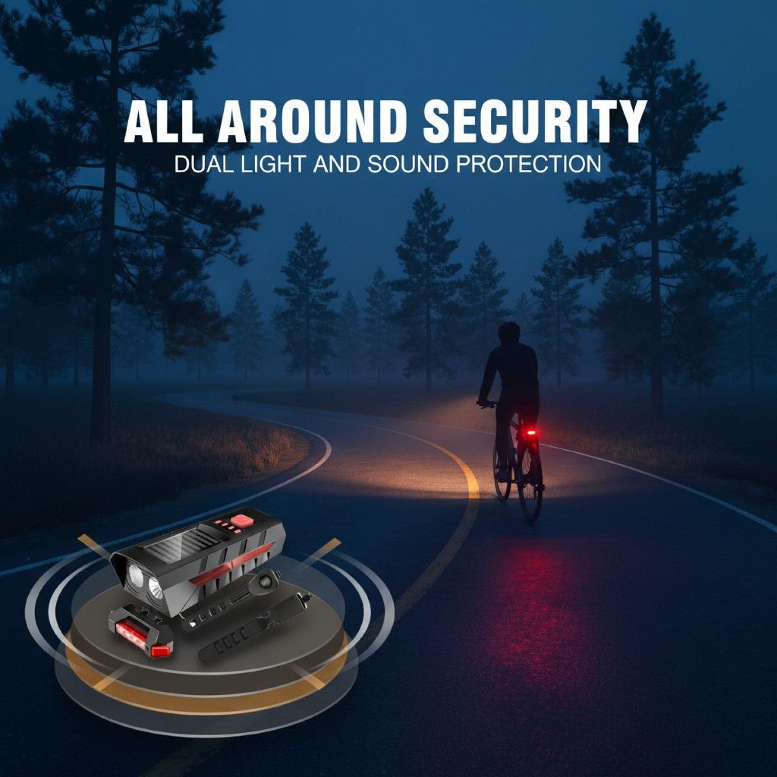 Solar-Fahrrad-Front- und Rücklicht-Set, rote LED-Frontlampe mit Rücklicht und lautem Signalton, Akku 2.400 mAh oder 4.000 mAh, solar aufladbar, leicht zu montieren, für Fahrten bei Dunkelheit