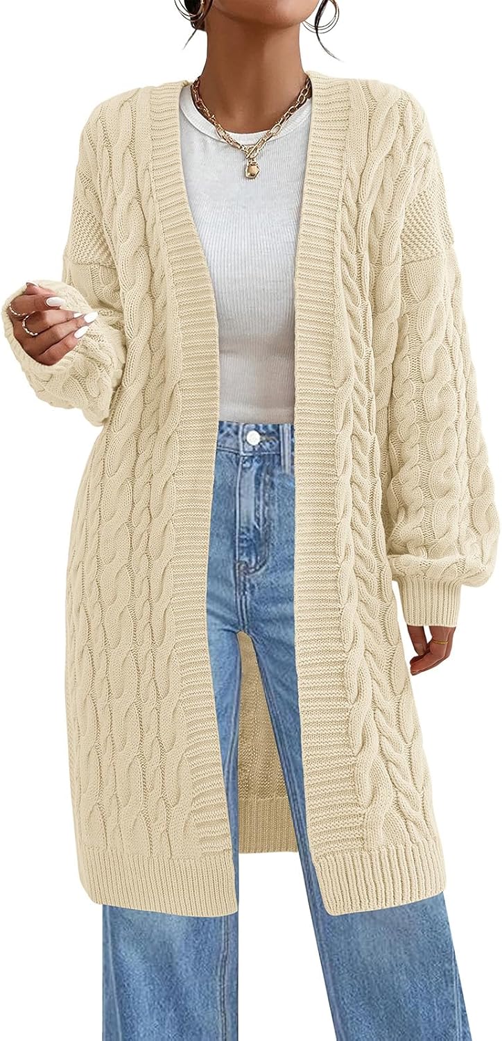PRETTYGARDEN Long Sleeve Open Front Chunky Cardigan Sweaters for Women Cable Knit Long Cardigans Fall Outfits with Pockets
