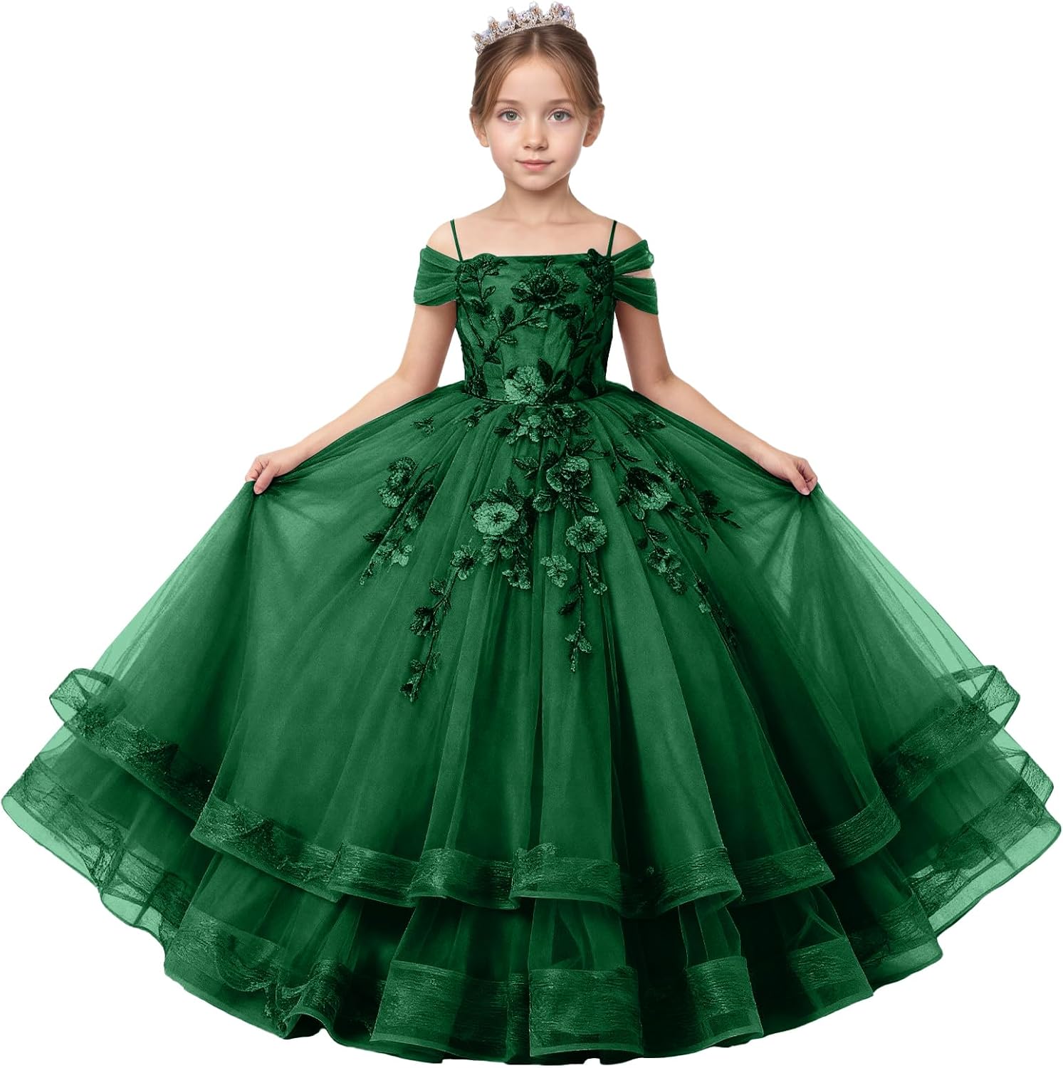 Flower Girl Dresses Floral Appliques Tulle Princess Pageant Dress Off Shoulder First Communion Ball Gown Dress