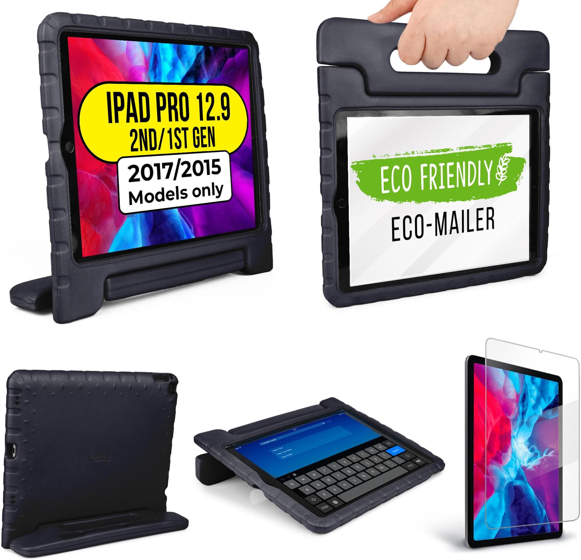 Official Cooper Dynamo Kids iPad Pro 12.9 Case for 1st/2nd Generation (2015/2017) | Unbreakable Protection, Magic Handle, Stand & Pencil Holder (NOT for 2018-2022 3rd-6th Gen) (Licorice Black)