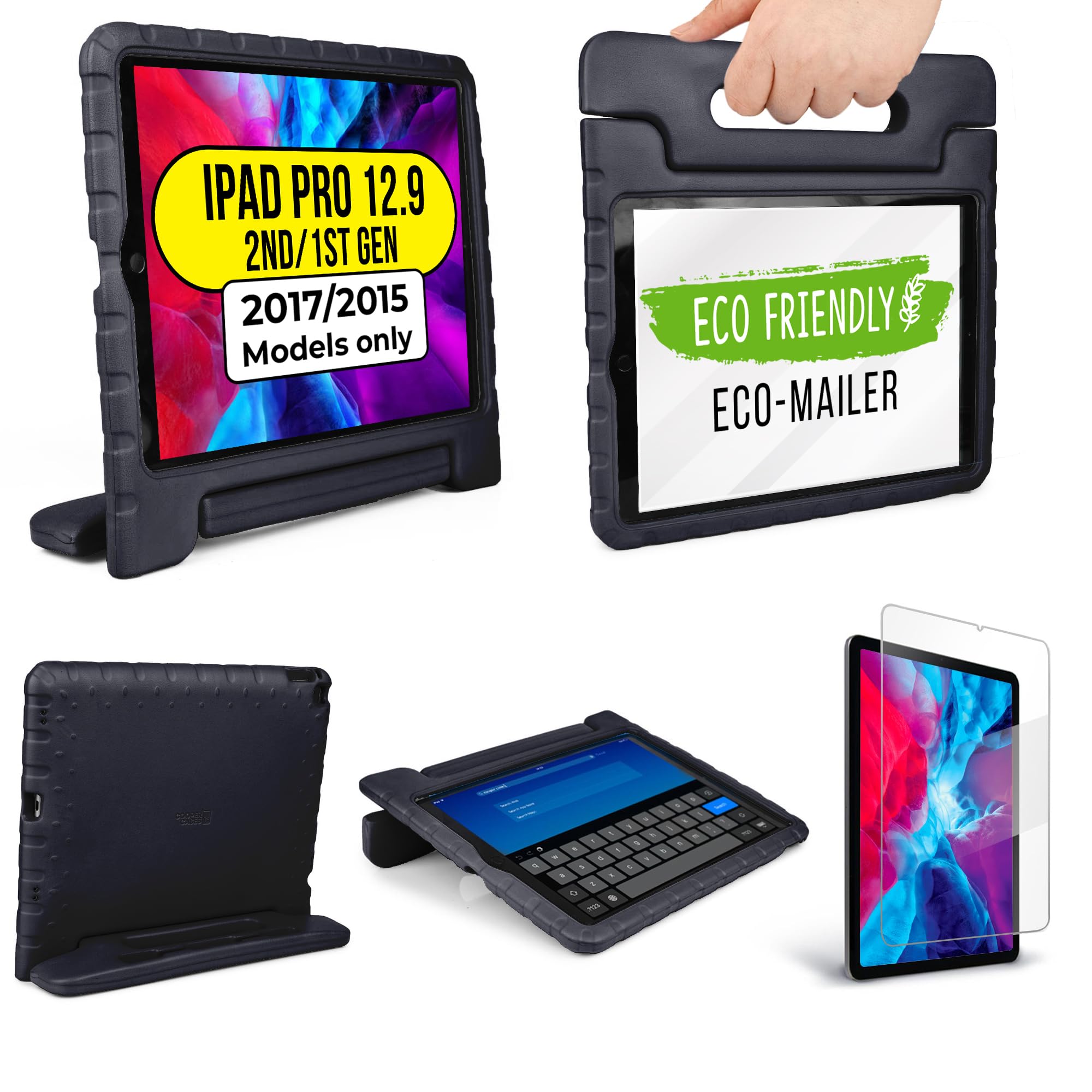 Official Cooper Dynamo Kids iPad Pro 12.9 Case for 1st/2nd Generation (2015/2017) | Unbreakable Protection, Magic Handle, Stand & Pencil Holder (NOT for 2018-2022 3rd-6th Gen) (Licorice Black)