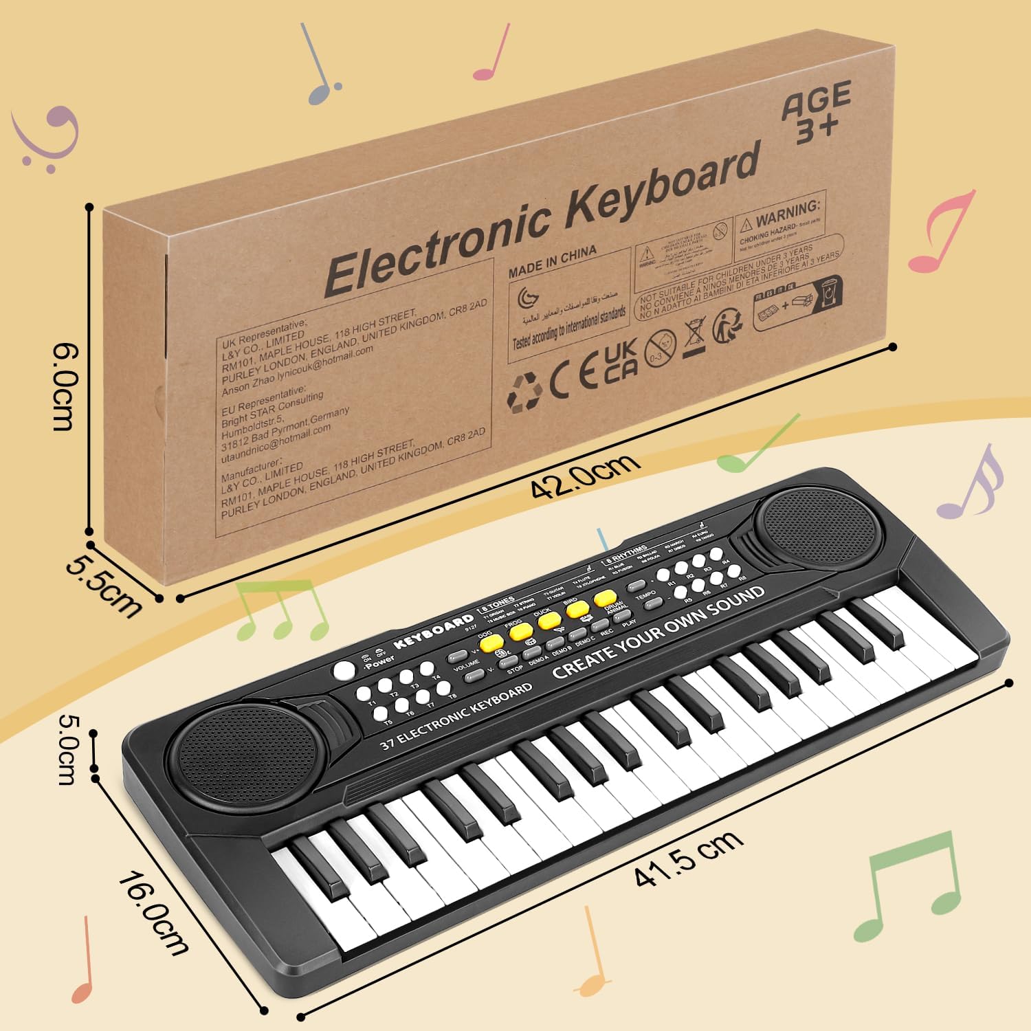 Teclado Electrónico Piano 37 Teclas,Teclado de Piano Portátil para niños con Fuente de Alimentación, Música Digital ,Educativa Regalo para Niños/Principiante Negro