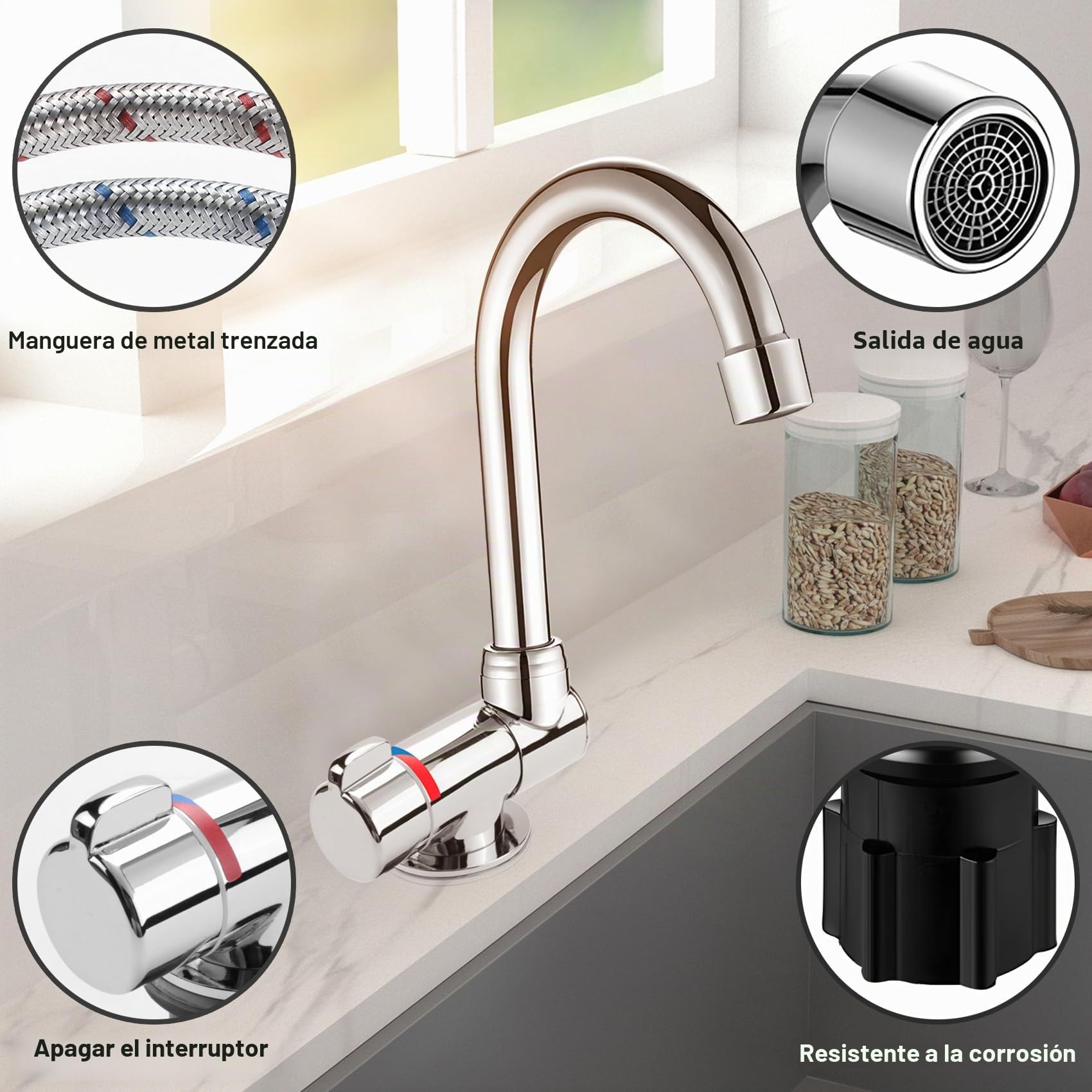Grifo de Cocina Plegable Giratorio de 360 Grados, Monomando de Agua Fría y Caliente, Cobre para Barcos, Autocaravanas y Caravanas