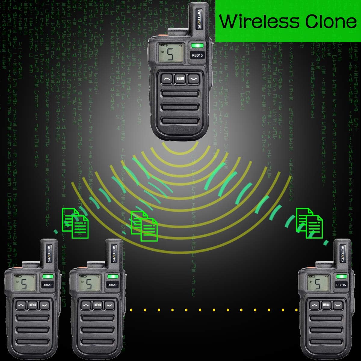 Diagram illustrating the wireless cloning function of the Retevis RB615 walkie-talkie, showing one master unit transmitting settings to multiple other units.