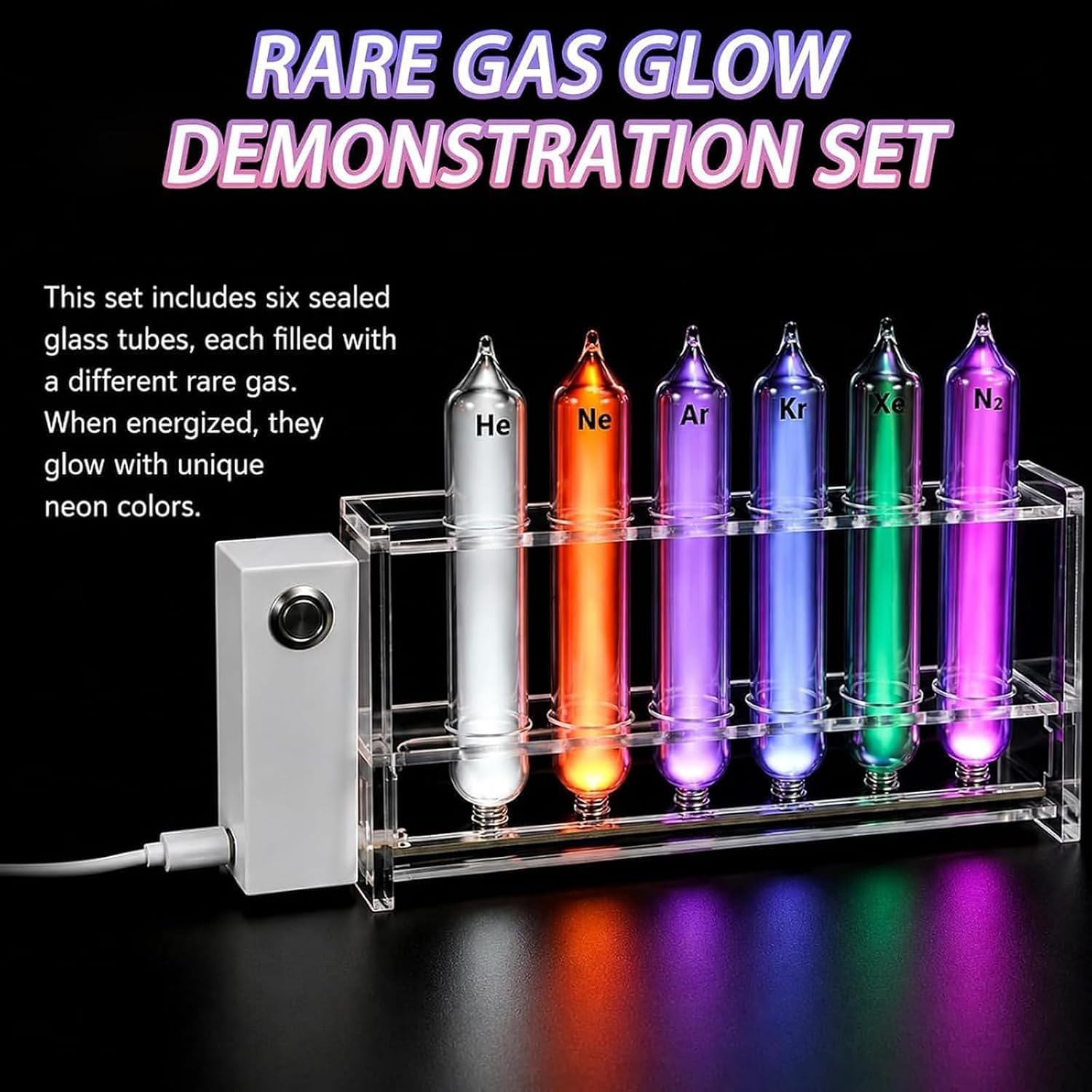 Juego De Tubos Luminiscentes De Gases Nobles, 6 Tubos De Vidrio De Gases Raros, con Base De Excitación, Juego De Demostración De Luminiscencia De Gas Inerte, 99,999% De Pureza Y Sellado Al Vacío,