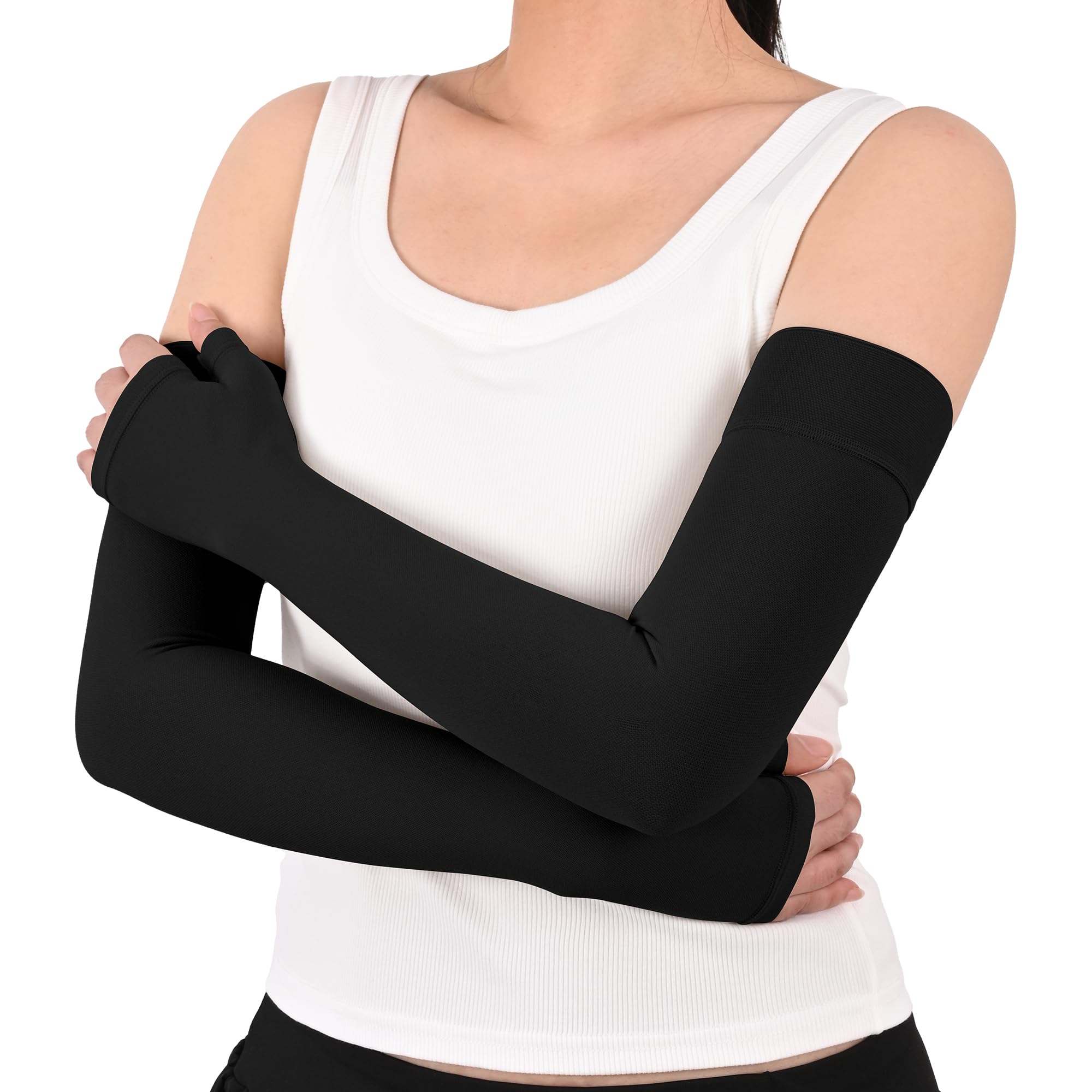 View 1 of 1 Pair Medical Full Compression Arm Sleeves with Palm Cover for Women Men XL