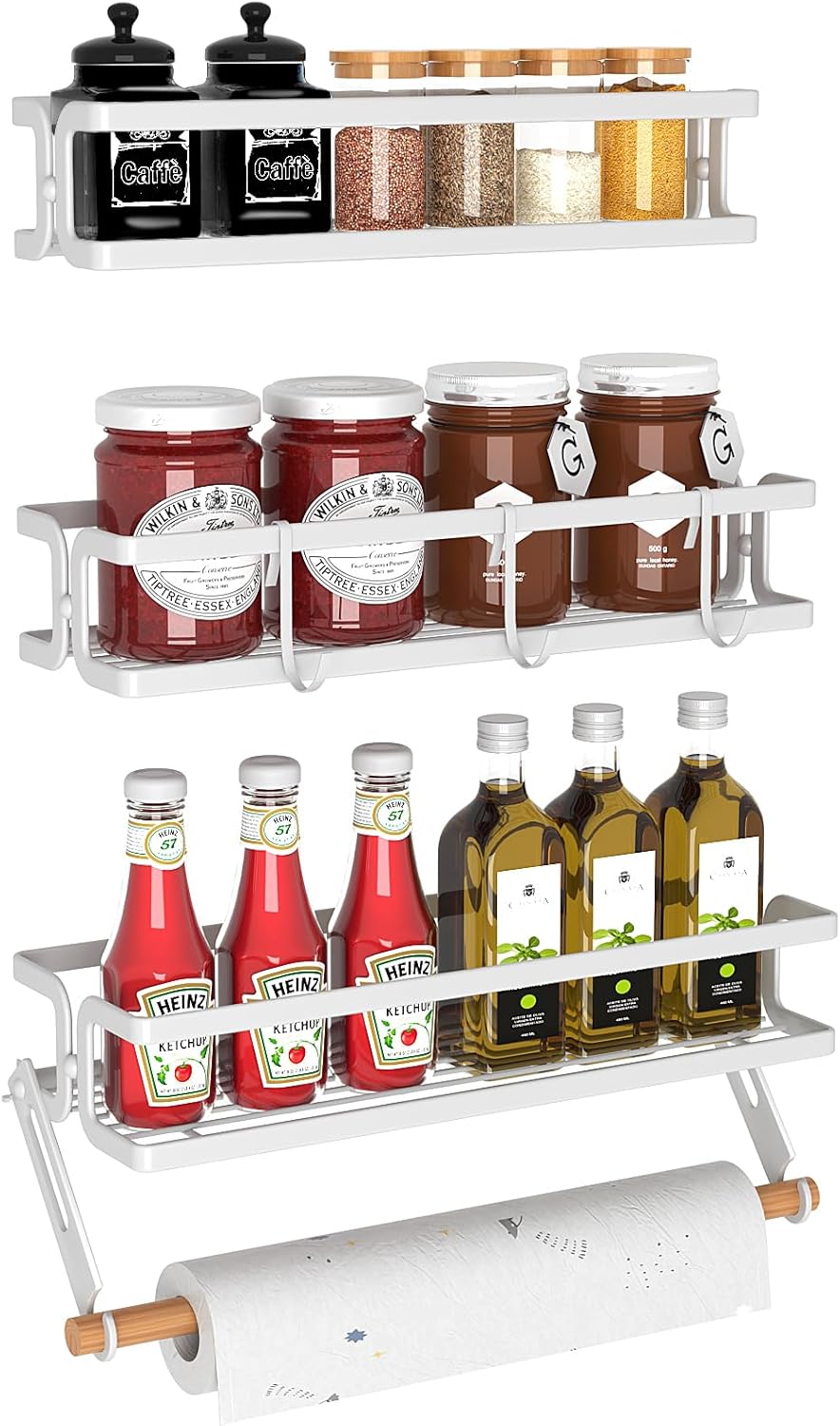 3 Pack Spice Rack Wall Mount With Paper Towel Holder and Hooks, Screw or Adhesive Hanging Spice Shelf,Space Saving Spice Organizer for Seasonings, Spice Racks for Stove,Cabinet, Pantry,White