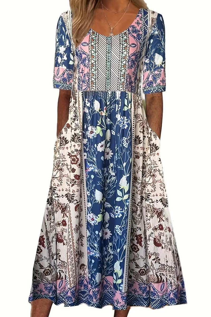 ABYOVRT Women's Loose Summer Dress, Long Casual Dress, Boho Midi Dress with Round Neck, Beach Dress, Floral Dress, Midi Dress with Pockets, S–XXL